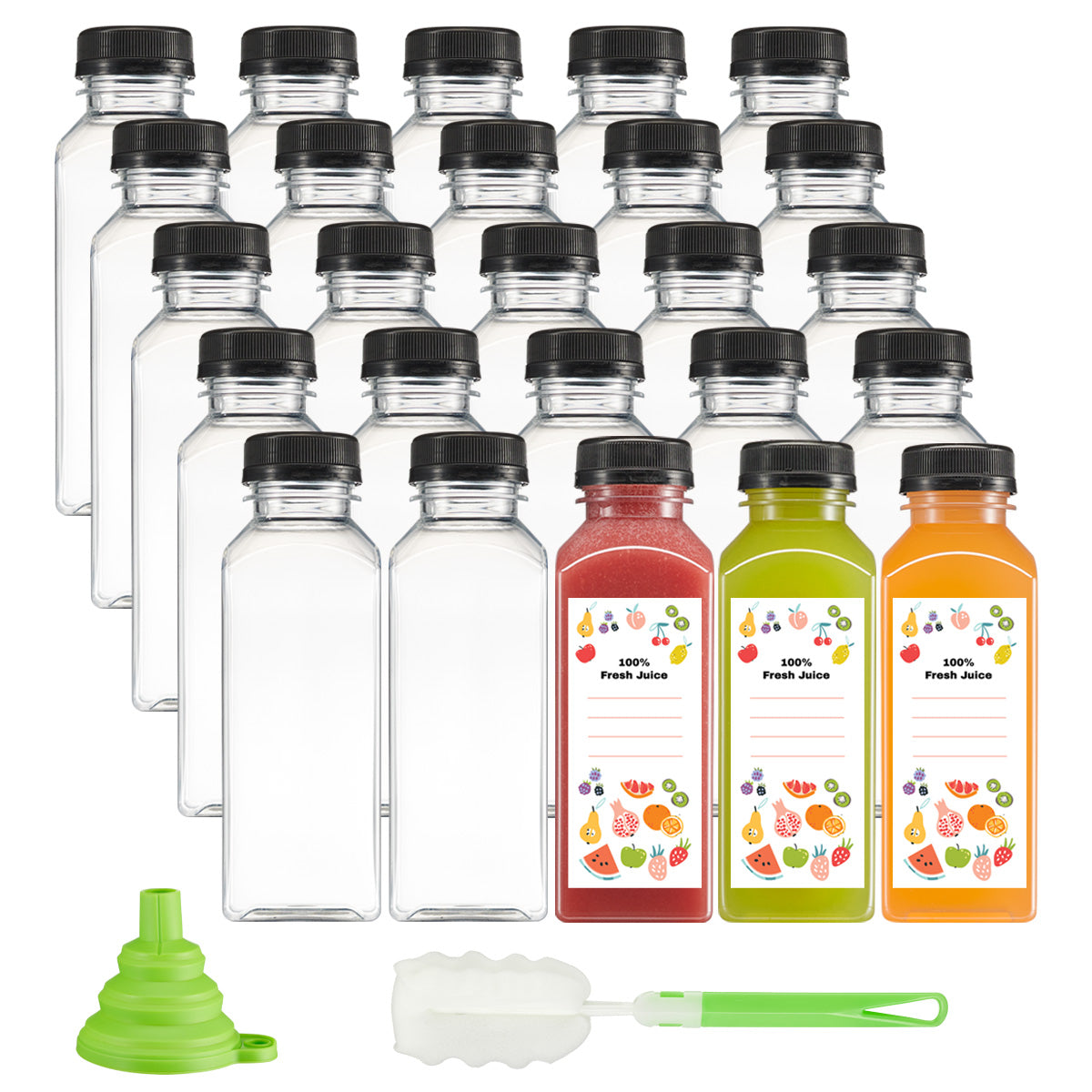 12 oz. Reusable Plastic Juice Bottles With Caps, Labels, Brush, and Silicone Funnel | Clear Juice Containers for Juices, Water, Smoothies, and Other Beverages