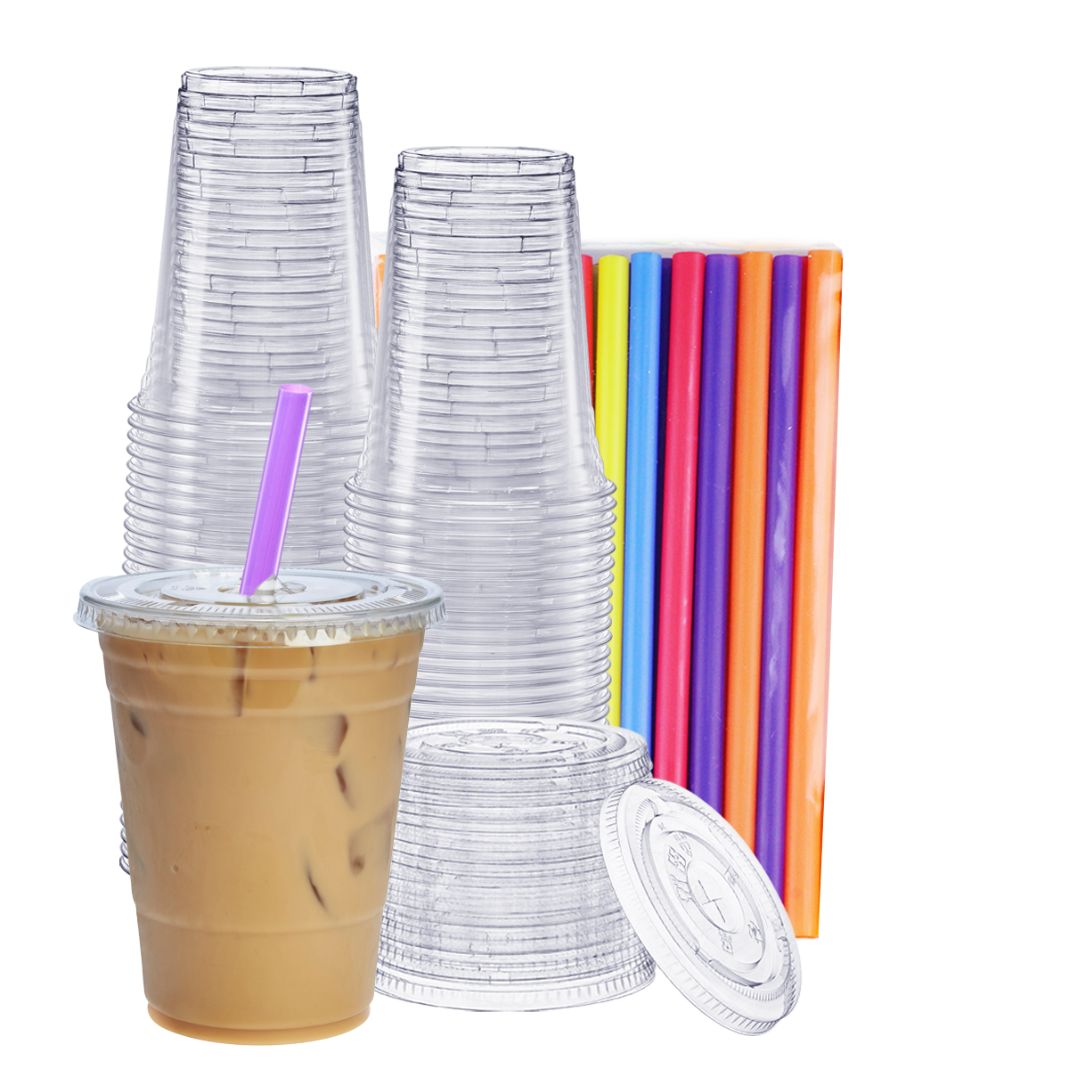 16 oz. Crystal Clear Plastic Cups With Flat Lids & Colored Straws - Comfy Package