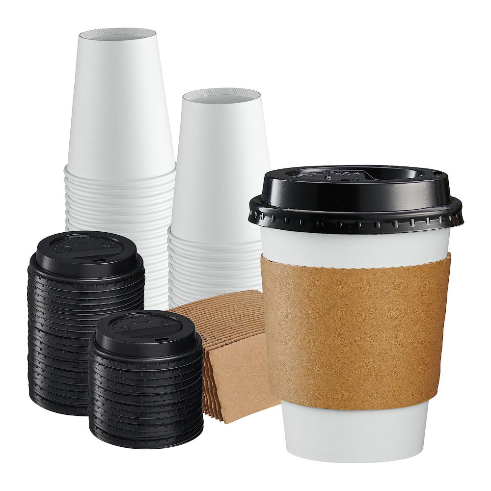12 oz. Disposable Coffee Cups with Lids, Sleeves, Stirrers - To Go Paper Hot Cups - Comfy Package