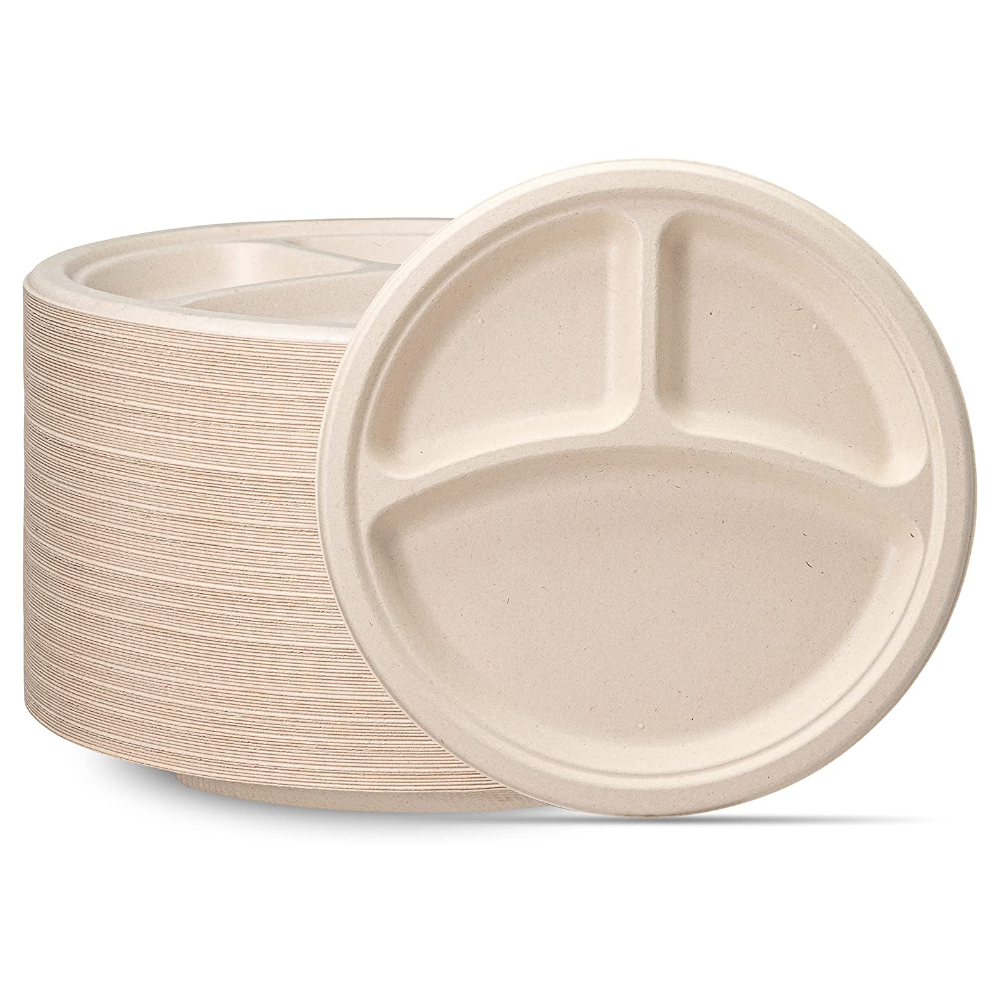 10 Inch Heavy-Duty Plates 3 Compartment Eco-Friendly 100% Compostable Disposable Sugarcane Paper Plates- Brown Unbleached