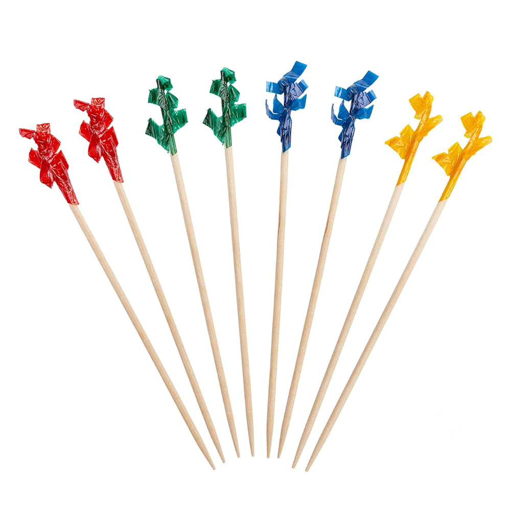 4 Inch Wooden Pick Skewers Fancy Assorted Colored Frills - Comfy Package