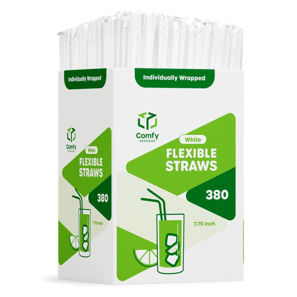 9120ct Individually Wrapped White Plastic Flexible Drinking Straws - Comfy Package