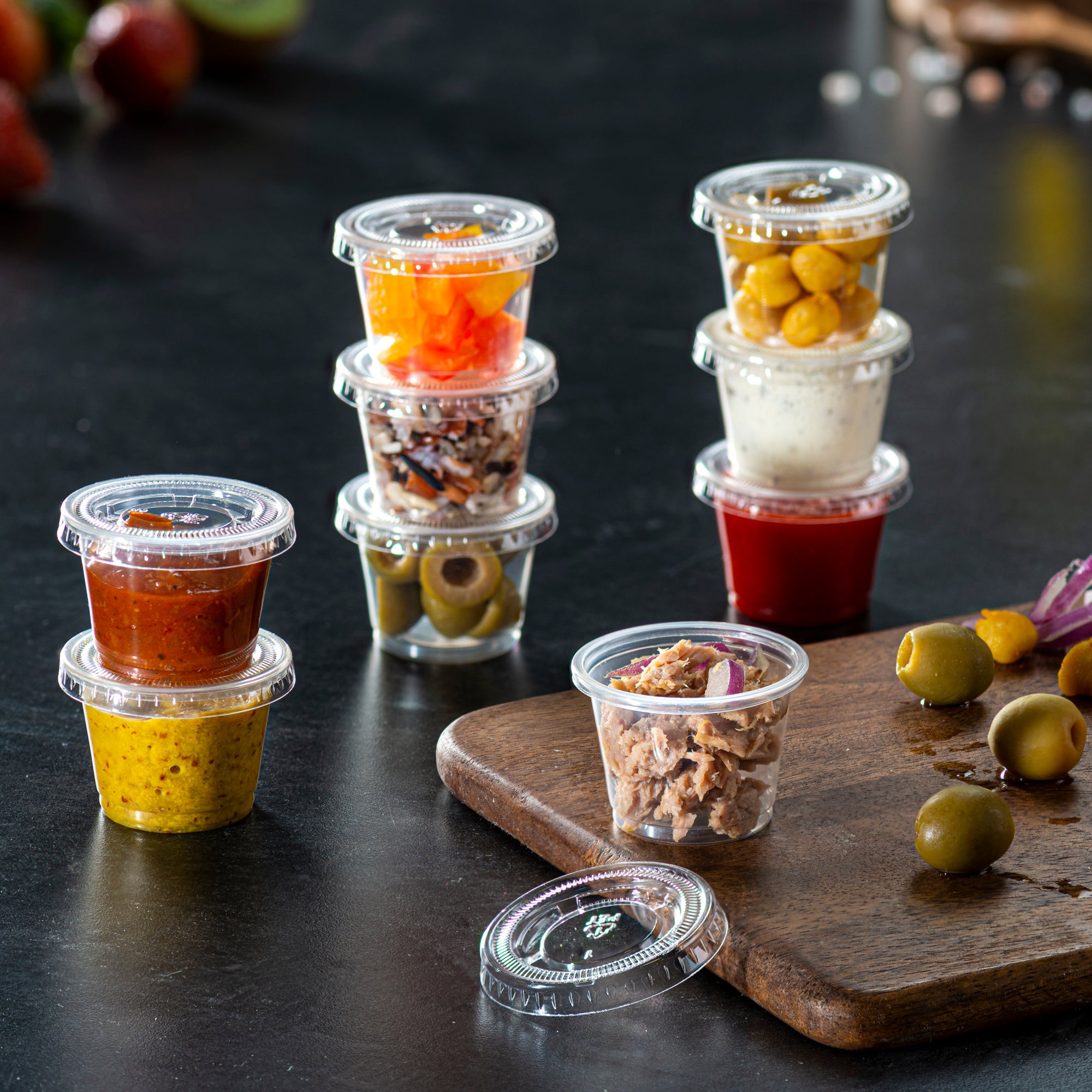 1 oz. Cups with Lids, Small Plastic Condiment Containers for Sauce, Salad Dressings, Ramekins, & Portion Control