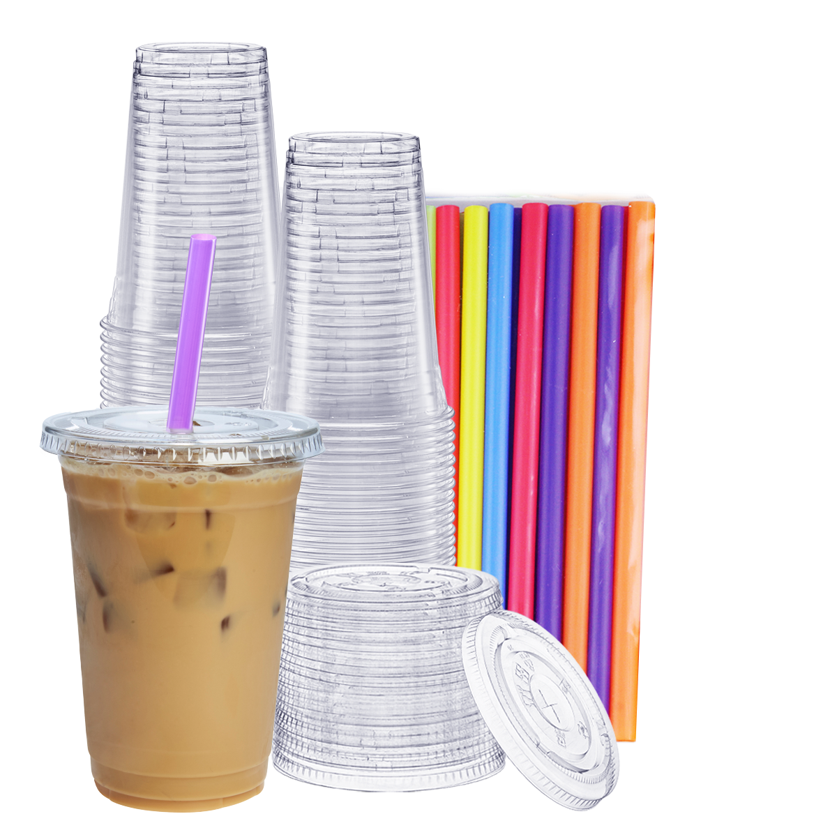 20 oz. Crystal Clear Plastic Cups With Flat Lids & Colored Straws - Comfy Package