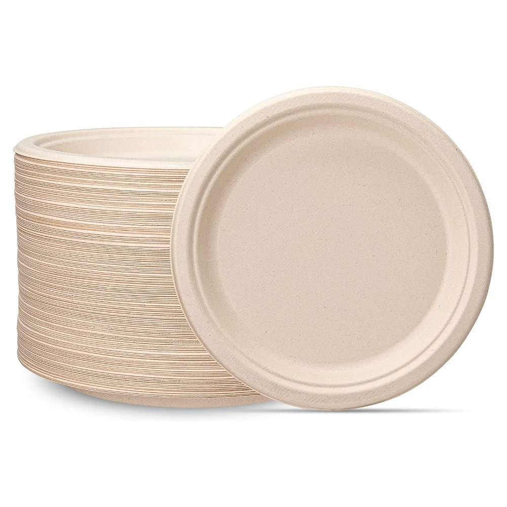 9 Inch Heavy-Duty Plates Eco-Friendly 100% Compostable Disposable Sugarcane Paper Plates - Brown Unbleached