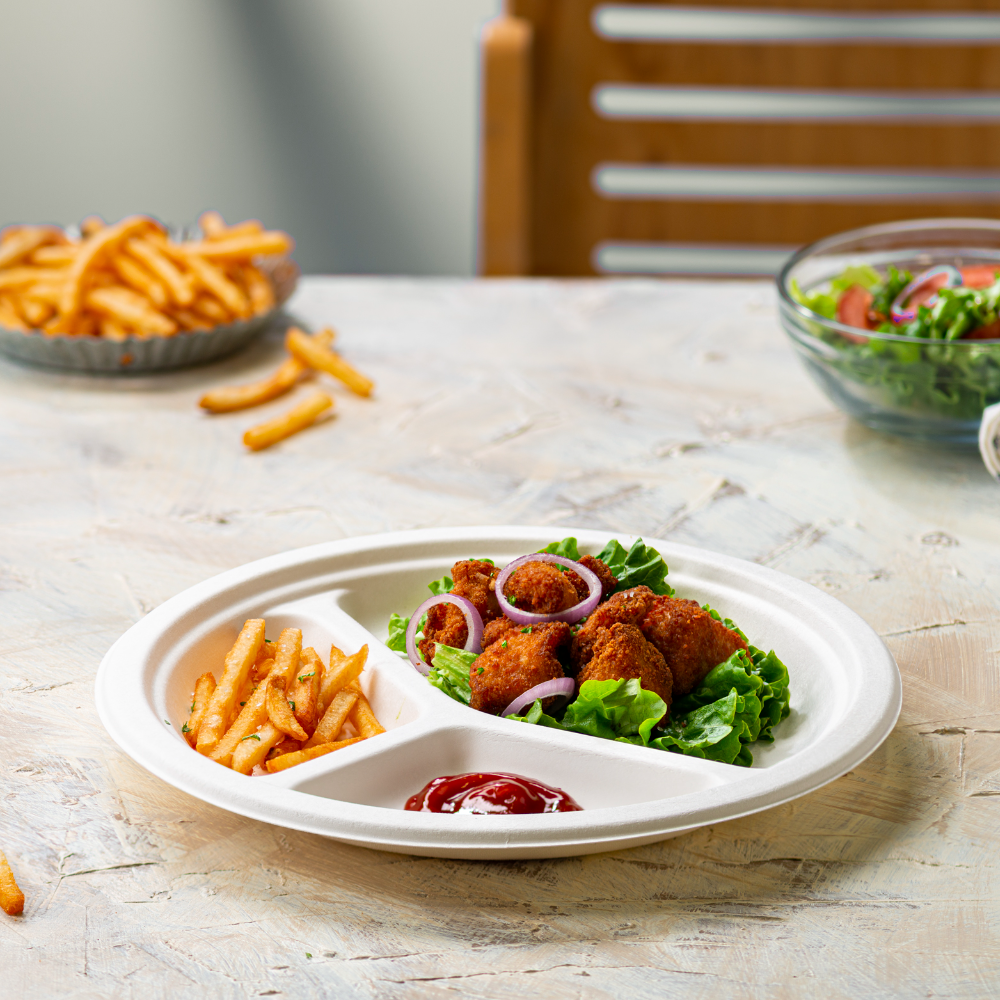 10 Inch Heavy-Duty Plates 3 Compartment Eco-Friendly 100% Compostable Disposable Sugarcane Paper Plates… - Comfy Package