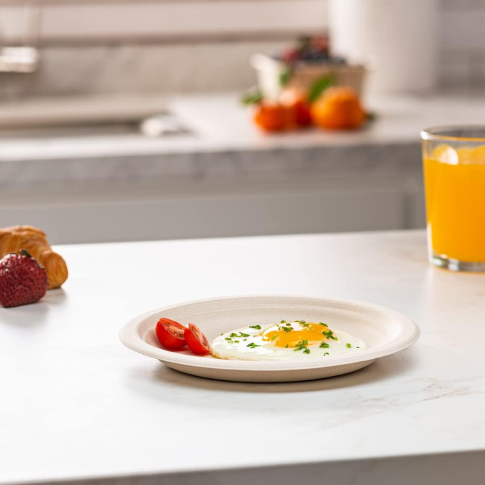 7 Inch Heavy-Duty Plate Eco-Friendly 100% Compostable Disposable Sugarcane Paper Plates - Brown Unbleached - Comfy Package