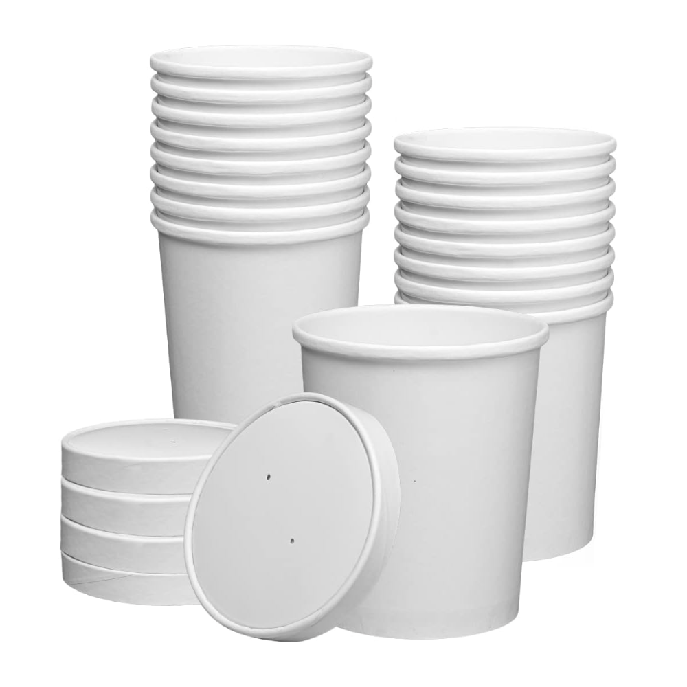 32 oz. Paper Food Containers With Vented Lids To Go Hot Soup Bowls White - Comfy Package