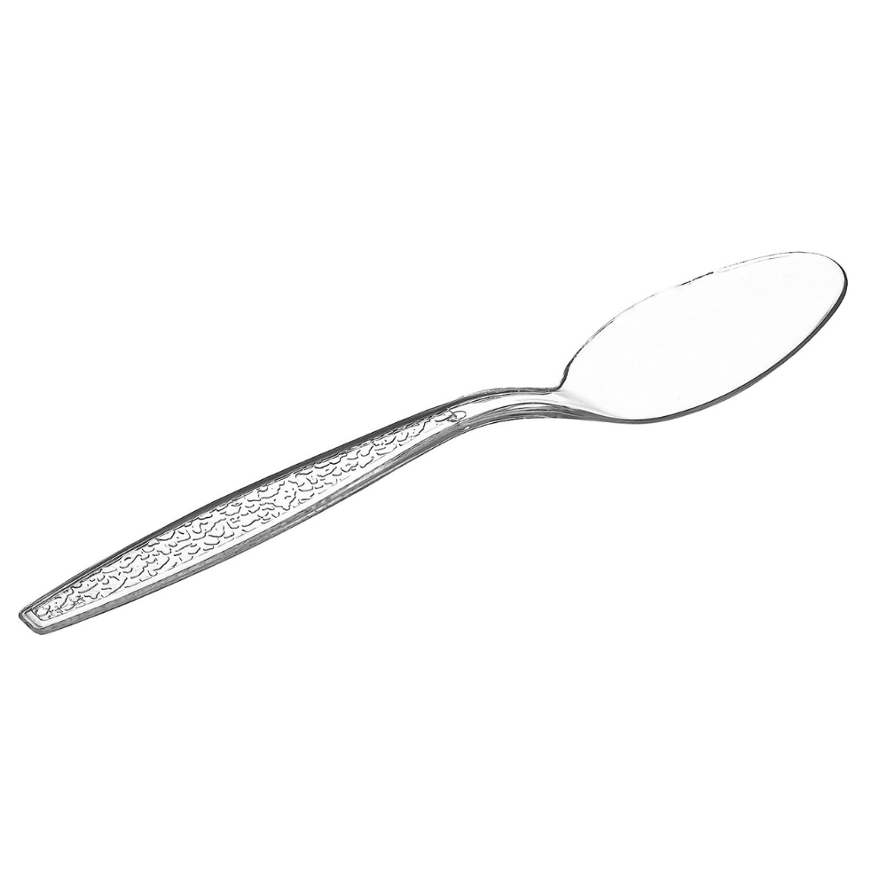Heavyweight Disposable Clear Plastic Tea Spoons - Engraved Design - Comfy Package