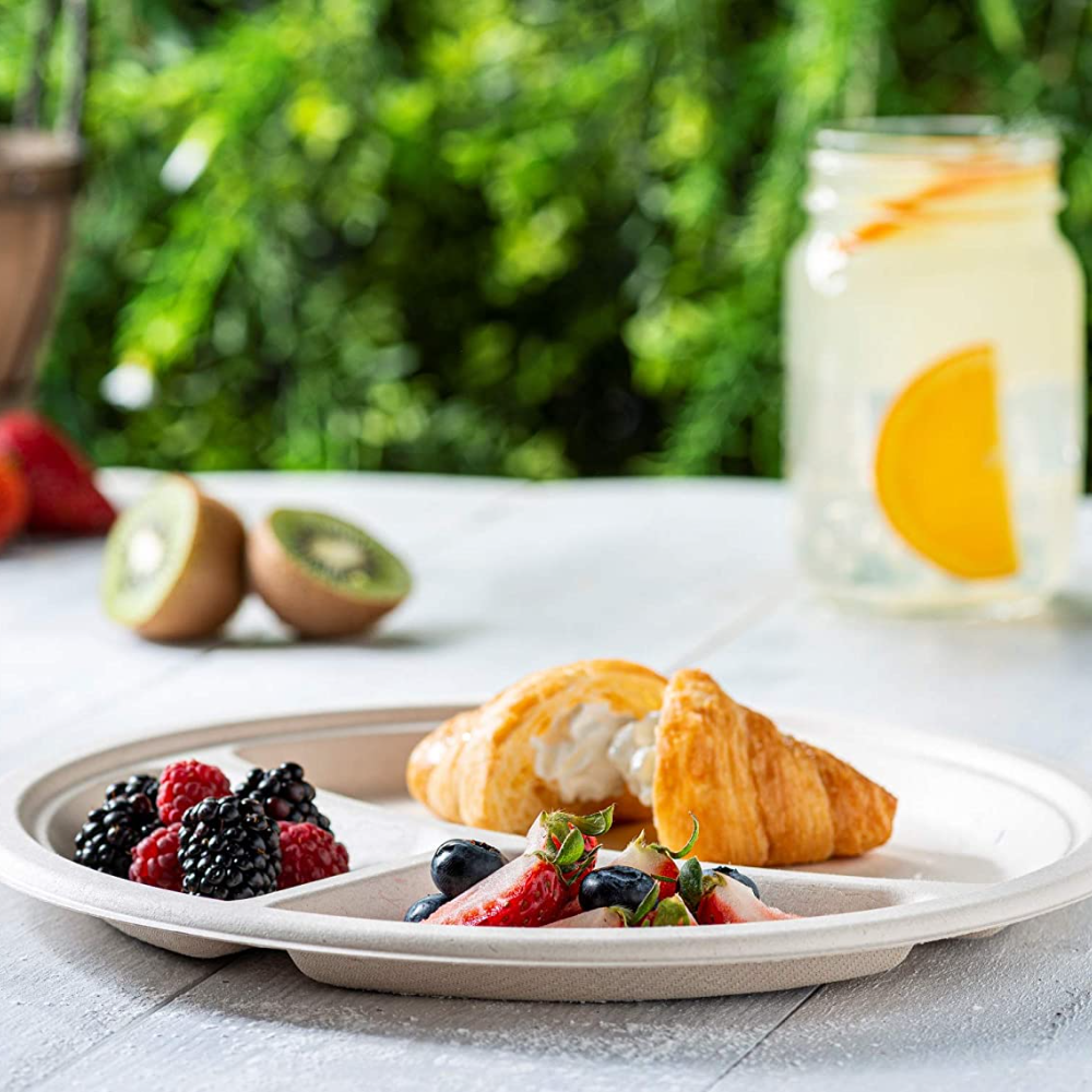 10 Inch Heavy-Duty Plates 3 Compartment Eco-Friendly 100% Compostable Disposable Sugarcane Paper Plates- Brown Unbleached - Comfy Package