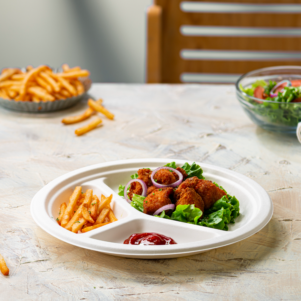 9 Inch Heavy-Duty Plates 3 Compartment 100% Compostable Eco-Friendly Disposable Sugarcane Paper Plates - Comfy Package