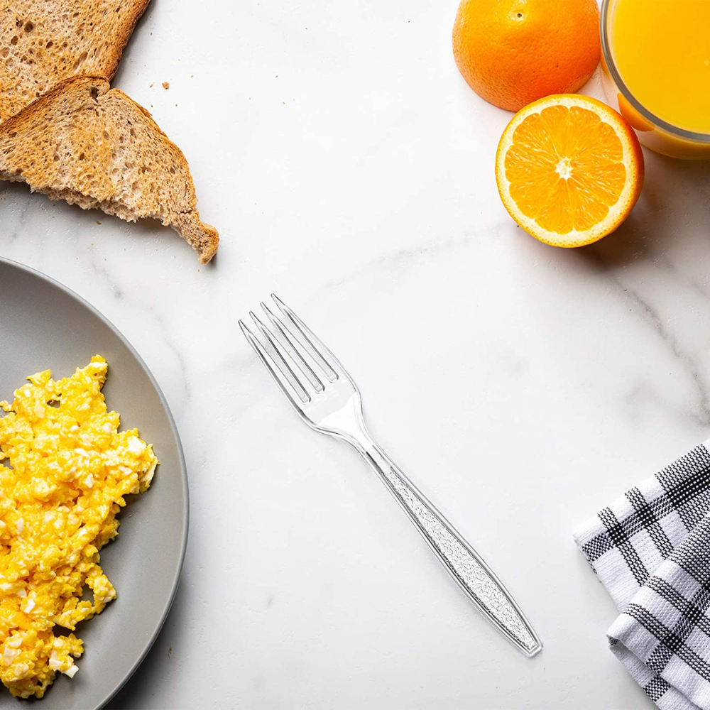 Heavyweight Disposable Clear Plastic Forks - Engraved Design - Comfy Package