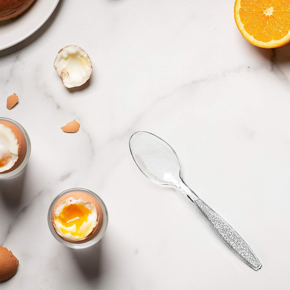 Heavyweight Disposable Clear Plastic Tea Spoons - Engraved Design - Comfy Package