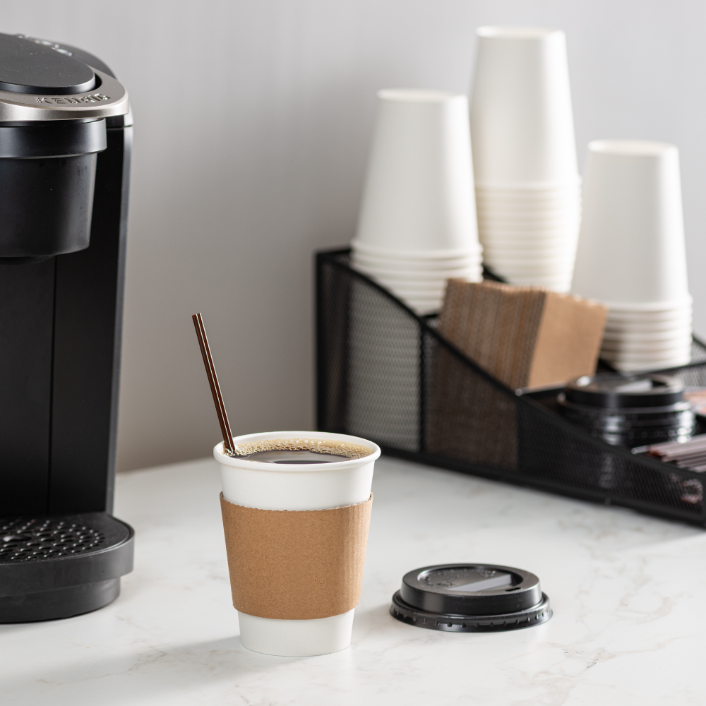 12 oz. Disposable Coffee Cups with Lids, Sleeves, Stirrers - To Go Paper Hot Cups - Comfy Package