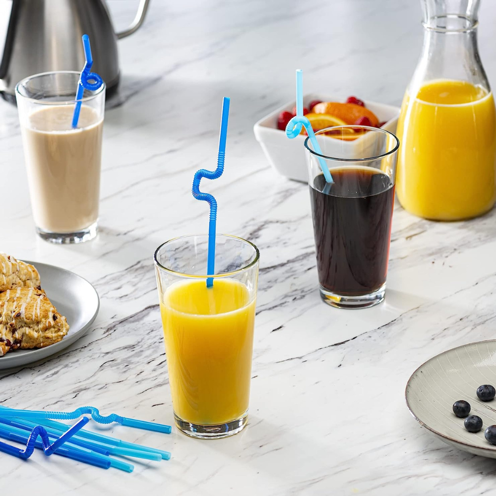 Long Flexible Disposable Plastic Drinking Straws - 10.02" High - Blue - Comfy Package
