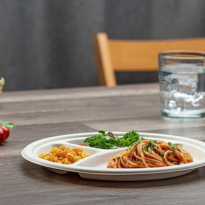 10 Inch Heavy-Duty Plates 3 Compartment Eco-Friendly 100% Compostable Disposable Sugarcane Paper Plates- Brown Unbleached - Comfy Package
