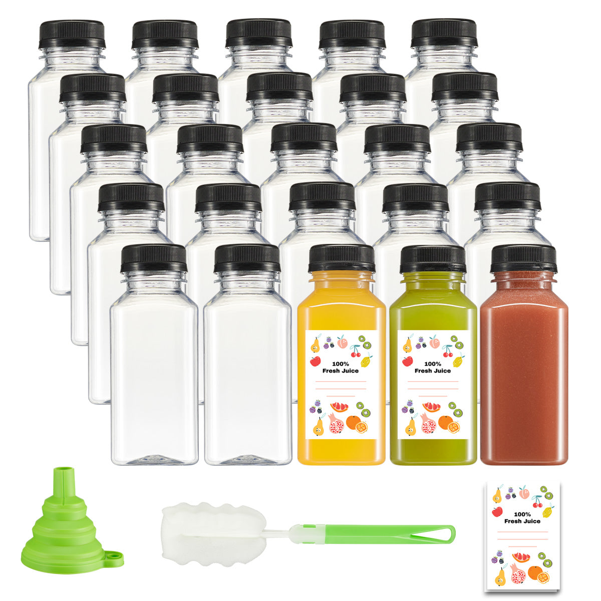 8 oz. Reusable Plastic Juice Bottles With Caps, Labels, Brush, and Silicone Funnel - Comfy Package