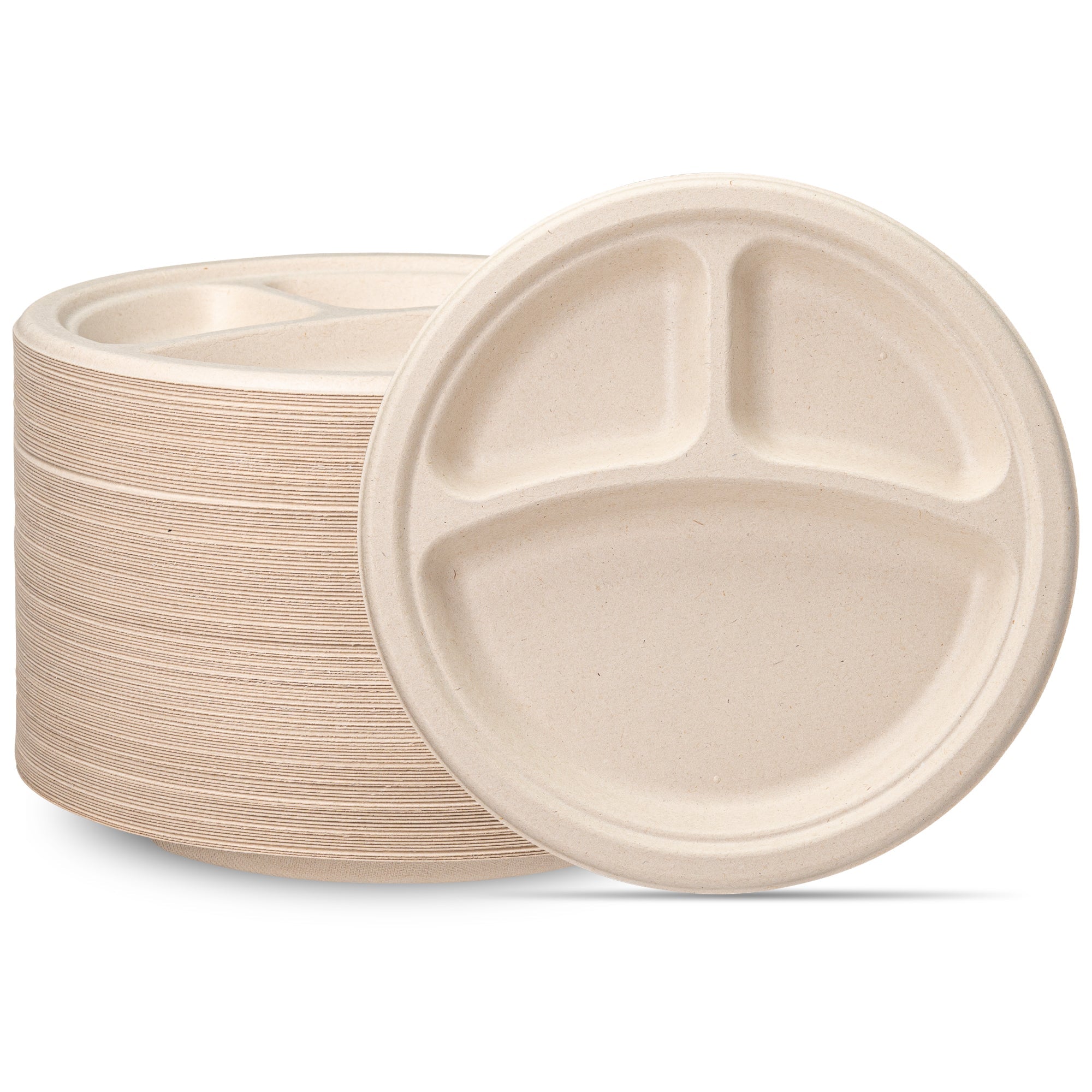 9 Inch Heavy-Duty Plates 3 Compartment 100% Compostable Disposable Sugarcane Paper Plates Brown Unbleached - Comfy Package