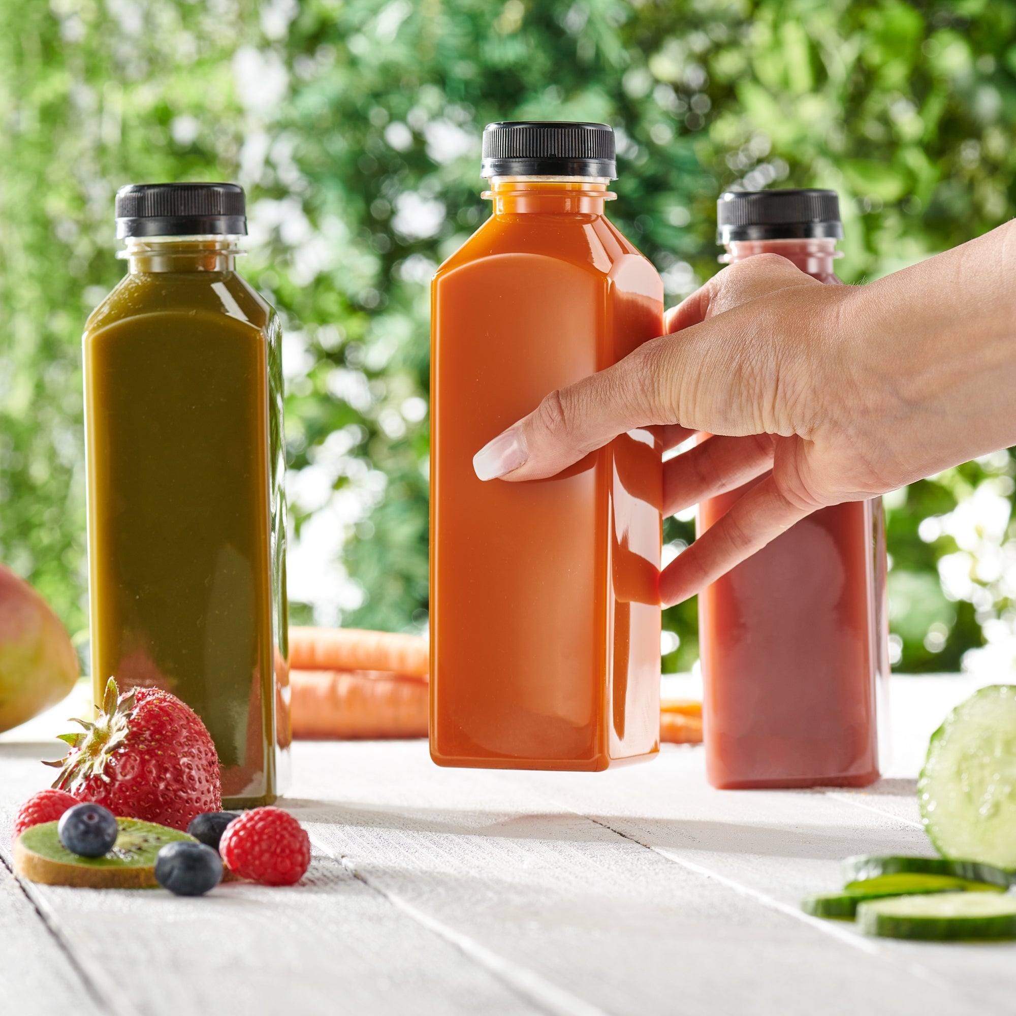 16 oz. Reusable Plastic Juice Bottles With Caps, Labels, Brush, and Silicone Funnel - Comfy Package