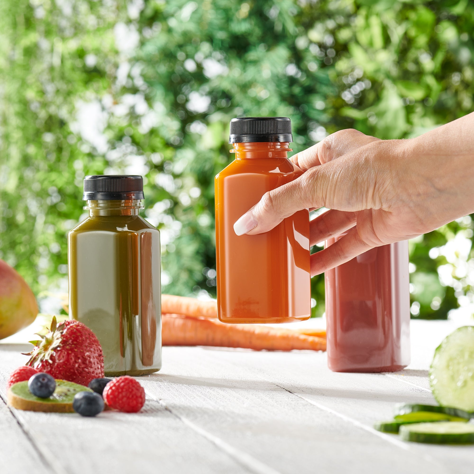 8 oz. Reusable Plastic Juice Bottles With Caps, Labels, Brush, and Silicone Funnel - Comfy Package