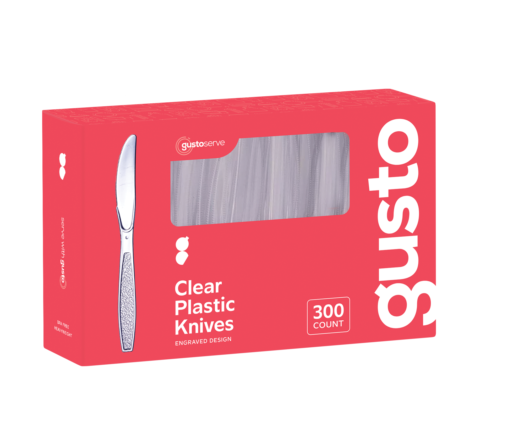 300ct Heavyweight Disposable Clear Plastic Knives Engraved - Comfy Package