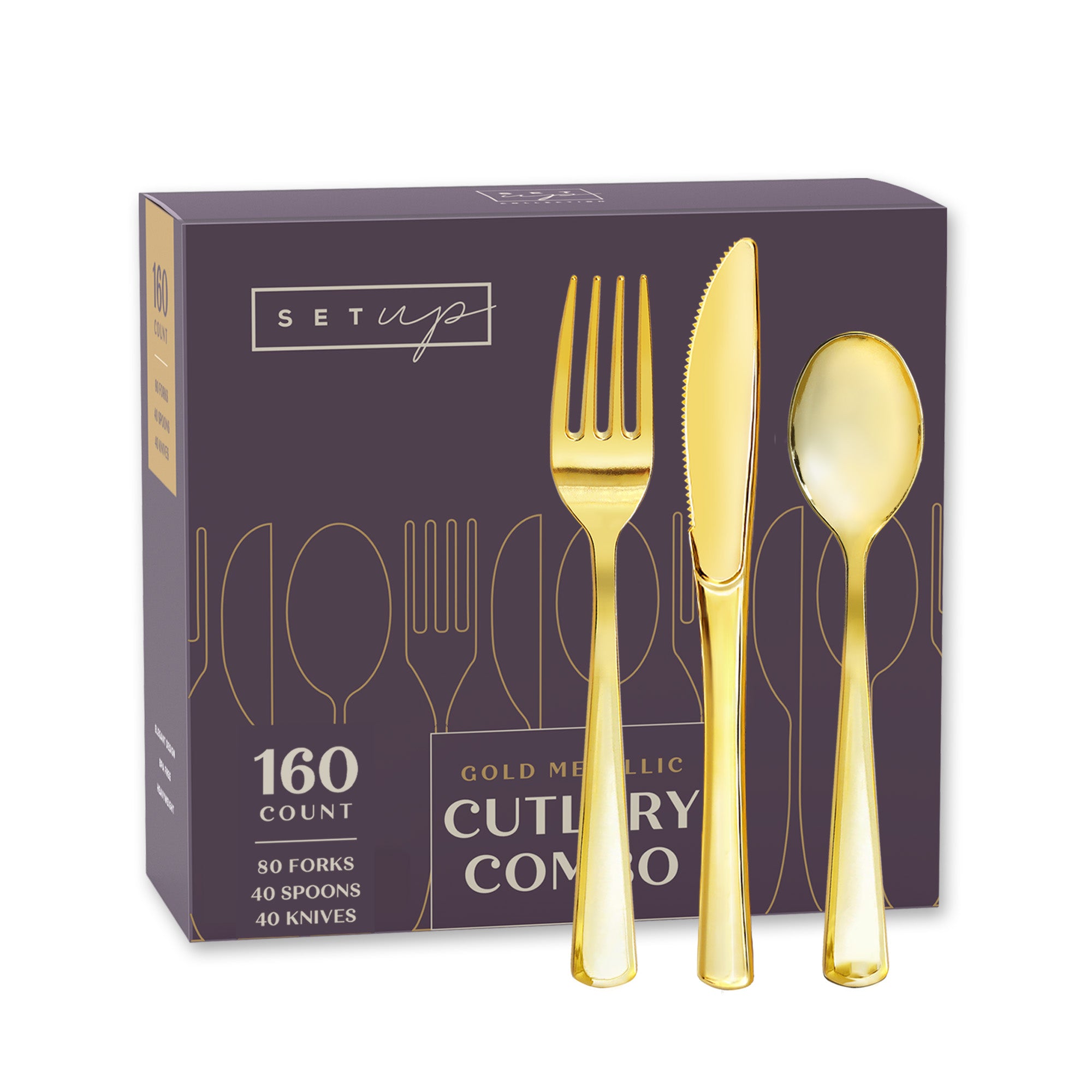 Disposable Gold Combo Cutlery - Forks, Spoons, Knives Combo - Heavy Duty, and Durable Plastic Silverware Great for Parties, Weddings, Events, and Everyday use