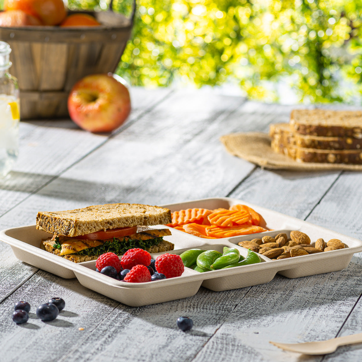 100% Compostable 5 Compartment Plates Eco-Friendly Disposable Sugarcane 10 inch Paper Trays - Brown Unbleached - Comfy Package