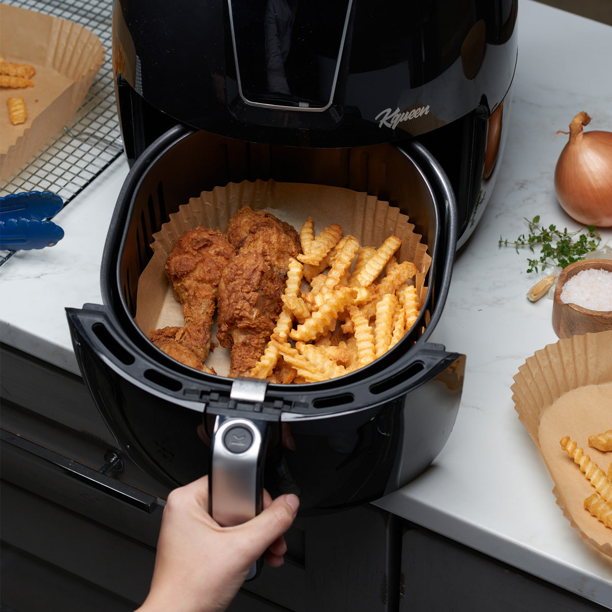 8 Inch Disposable Square Air Fryer Liners - Kraft - Comfy Package