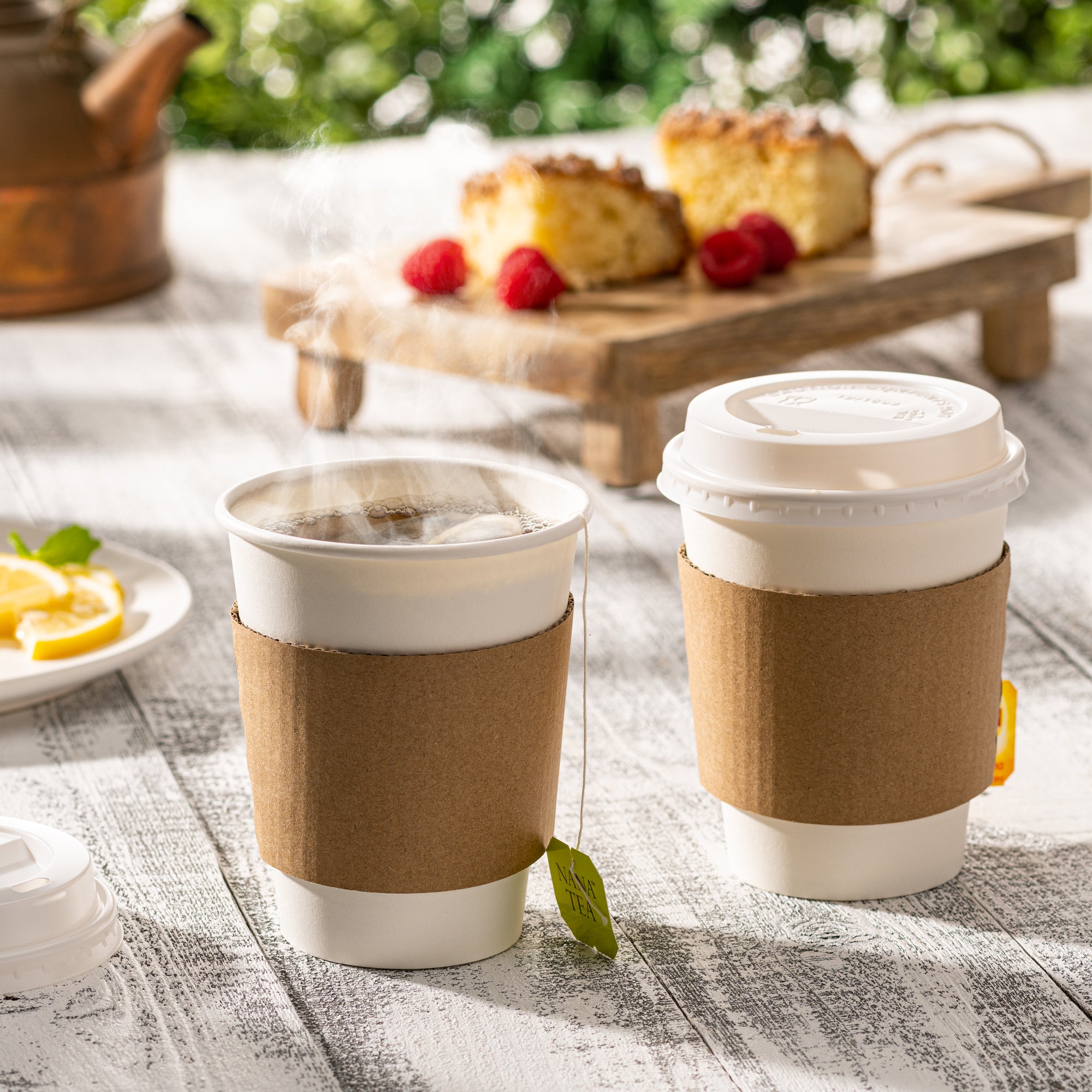 12 oz. Disposable White Coffee Cups with White Lids, Sleeves - To Go Paper Hot Cups - Comfy Package