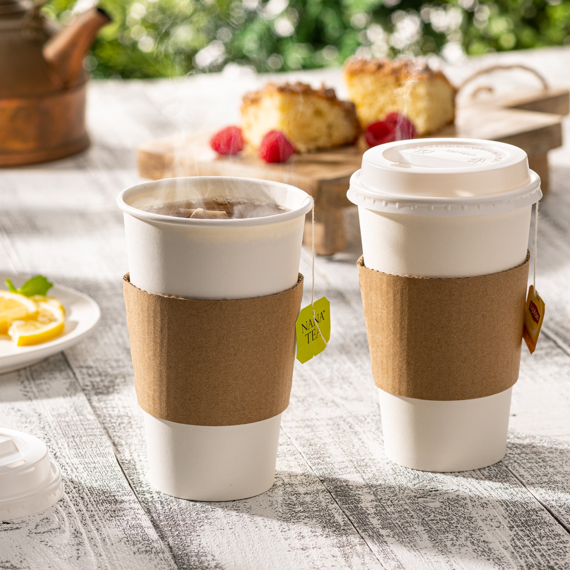 16 oz. Disposable White Coffee Cups with White Lids, Sleeves - To Go Paper Hot Cups - Comfy Package