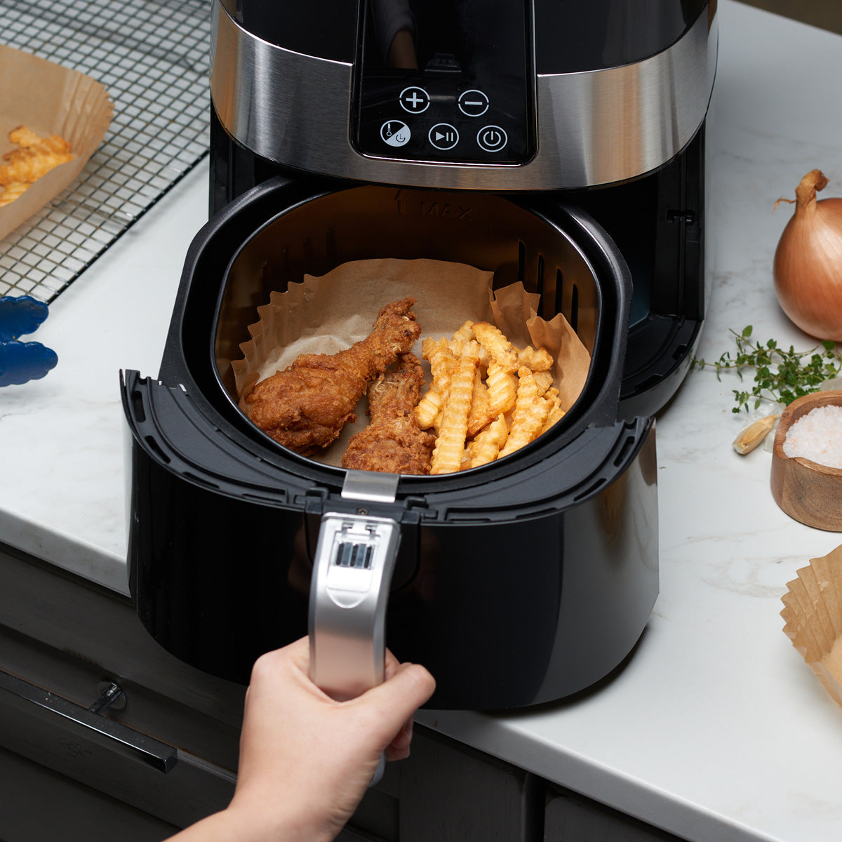 6.5 Inch Disposable Square Air Fryer Liners - Kraft - Comfy Package