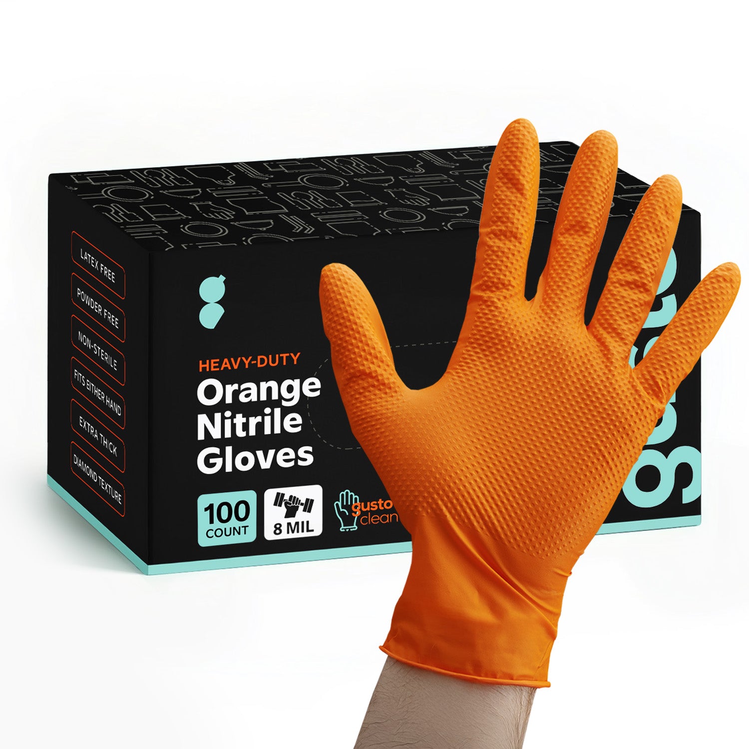 8 Mil Disposable Orange Nitrile Heavy-Duty Gloves, Industrial, Diamond Texture - Large