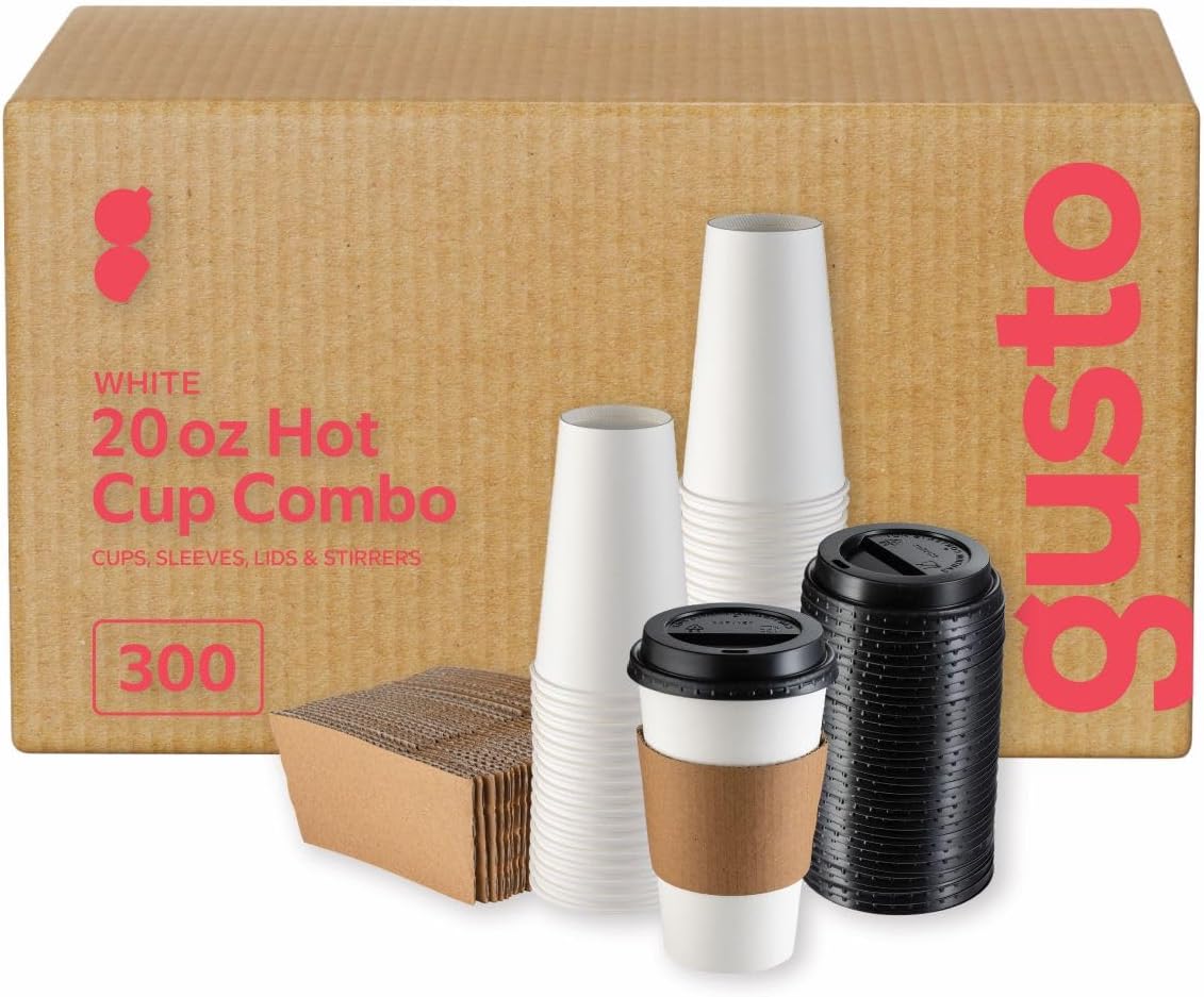 20 oz. - 300ct Disposable Coffee Cups with Lids, Sleeves - To Go Paper Hot Cups