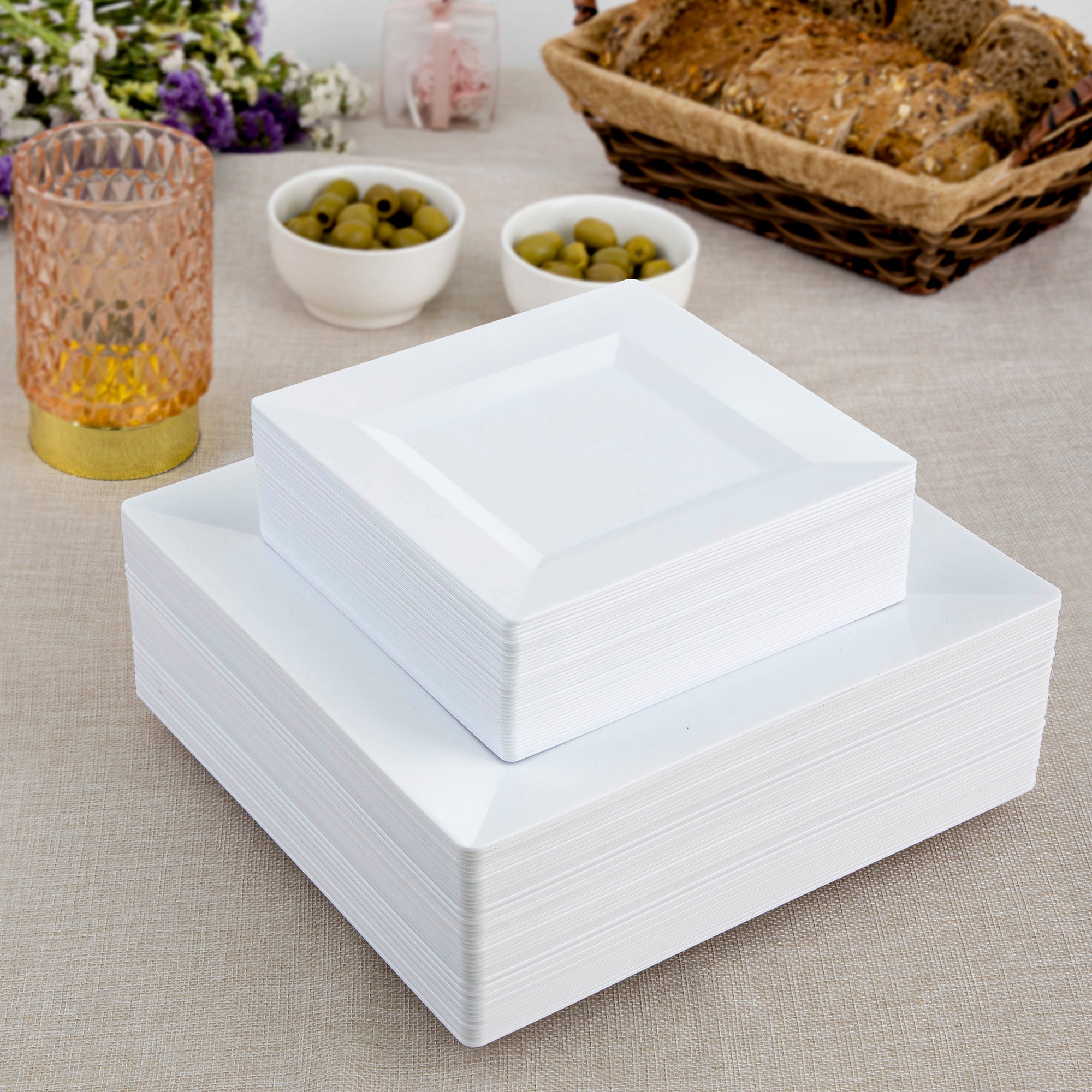 Combo White Square Plastic Plates - Premium Heavy-Duty Disposable 9.5" Dinner Party Plates and Disposable 6.5" Salad Plates - Comfy Package