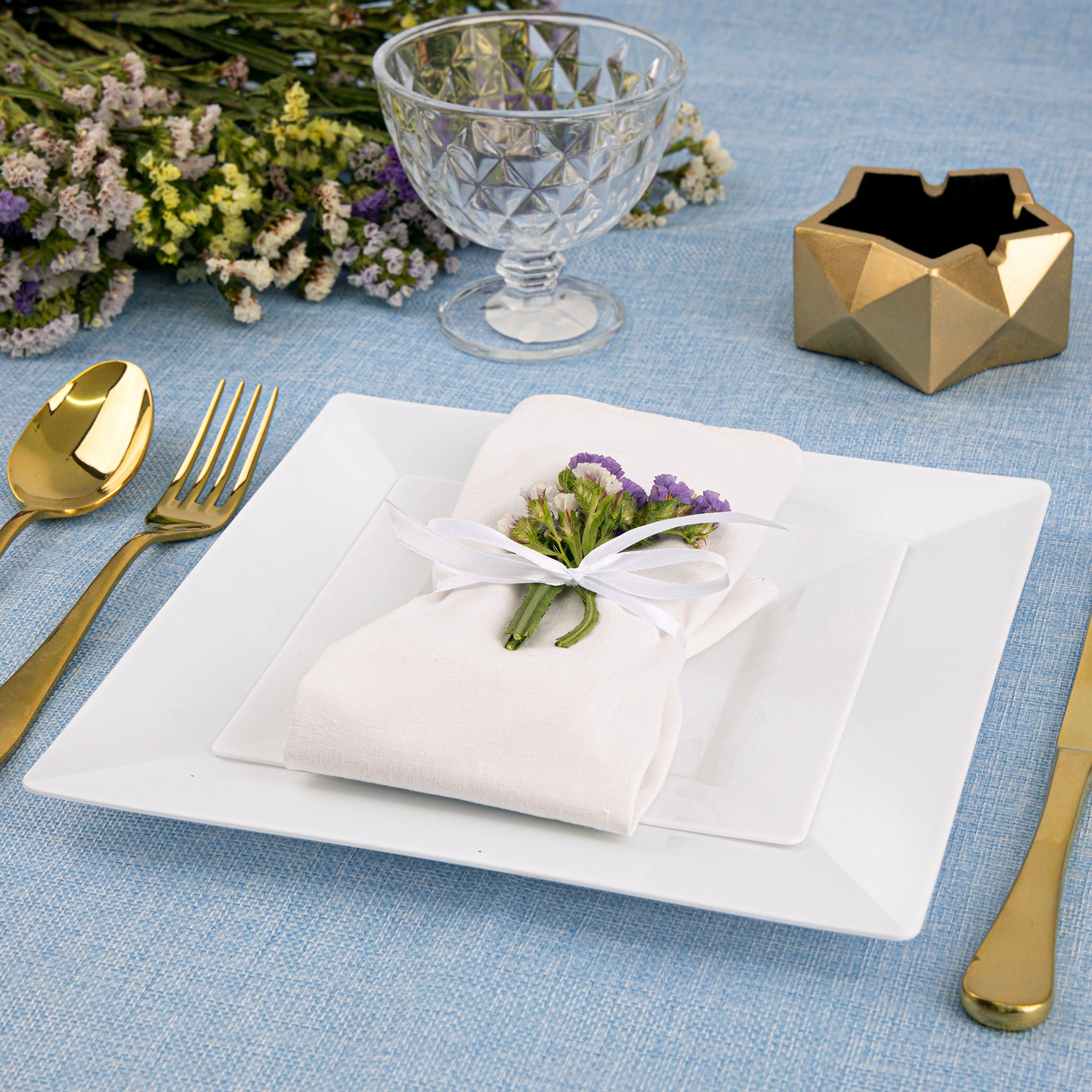 Combo White Square Plastic Plates - Premium Heavy-Duty Disposable 9.5" Dinner Party Plates and Disposable 6.5" Salad Plates - Comfy Package