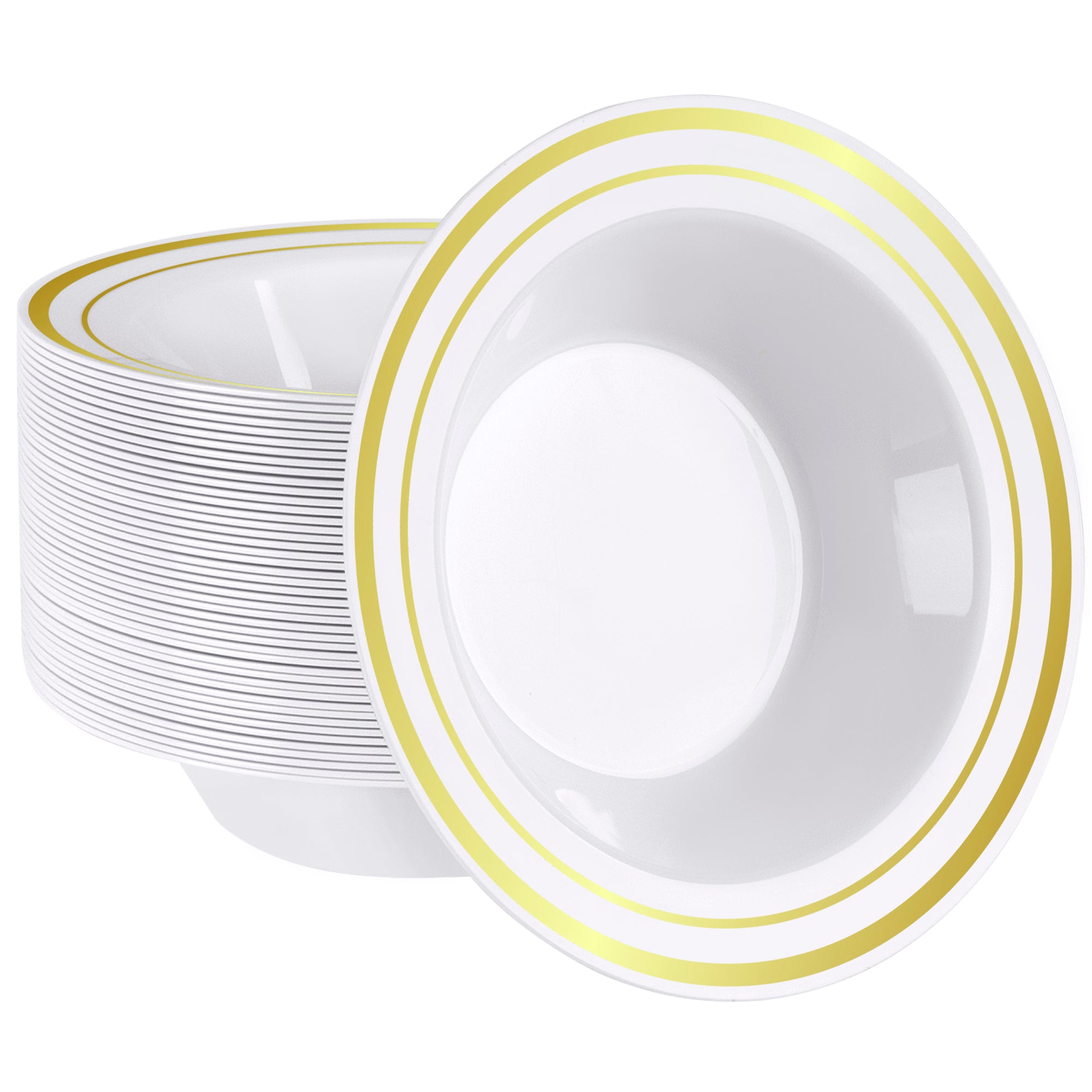 12 oz. Gold Trim Plastic Dessert Bowls - Premium Heavy-Duty Disposable Soup and Cereal Bowls