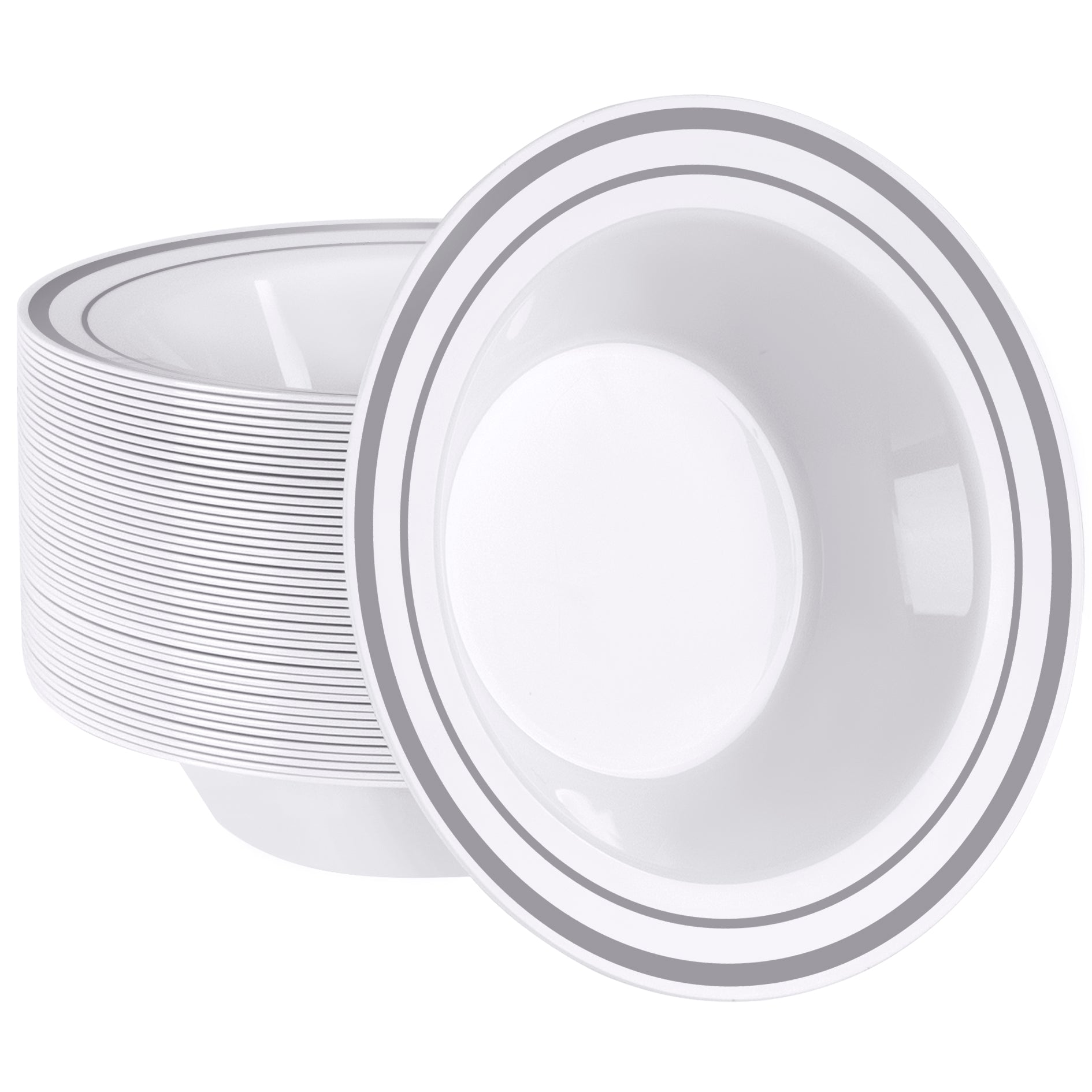 12 oz. Silver Trim Plastic Dessert Bowls - Premium Heavy-Duty Disposable Soup and Cereal Bowls