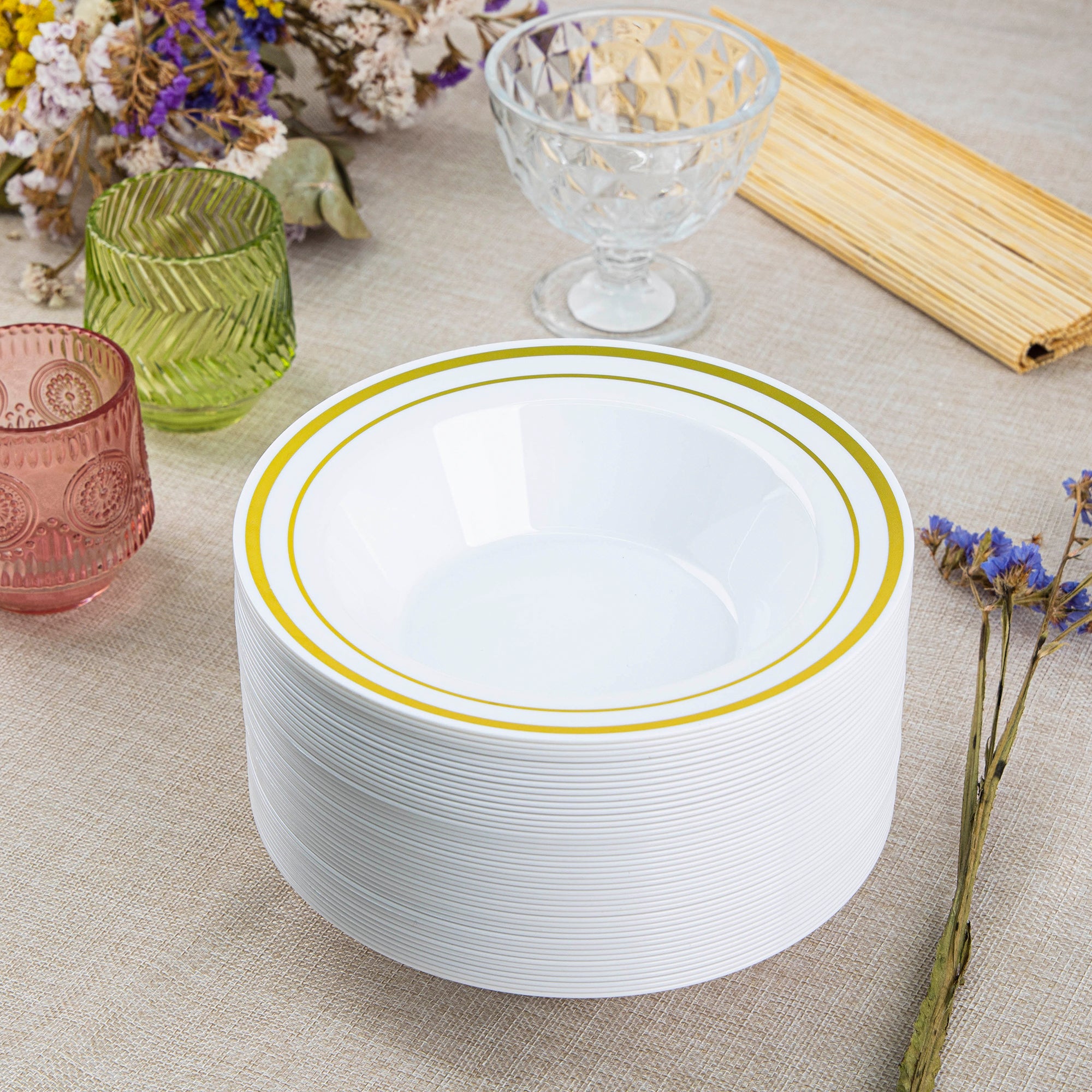 12 oz. Gold Trim Plastic Dessert Bowls - Comfy Package