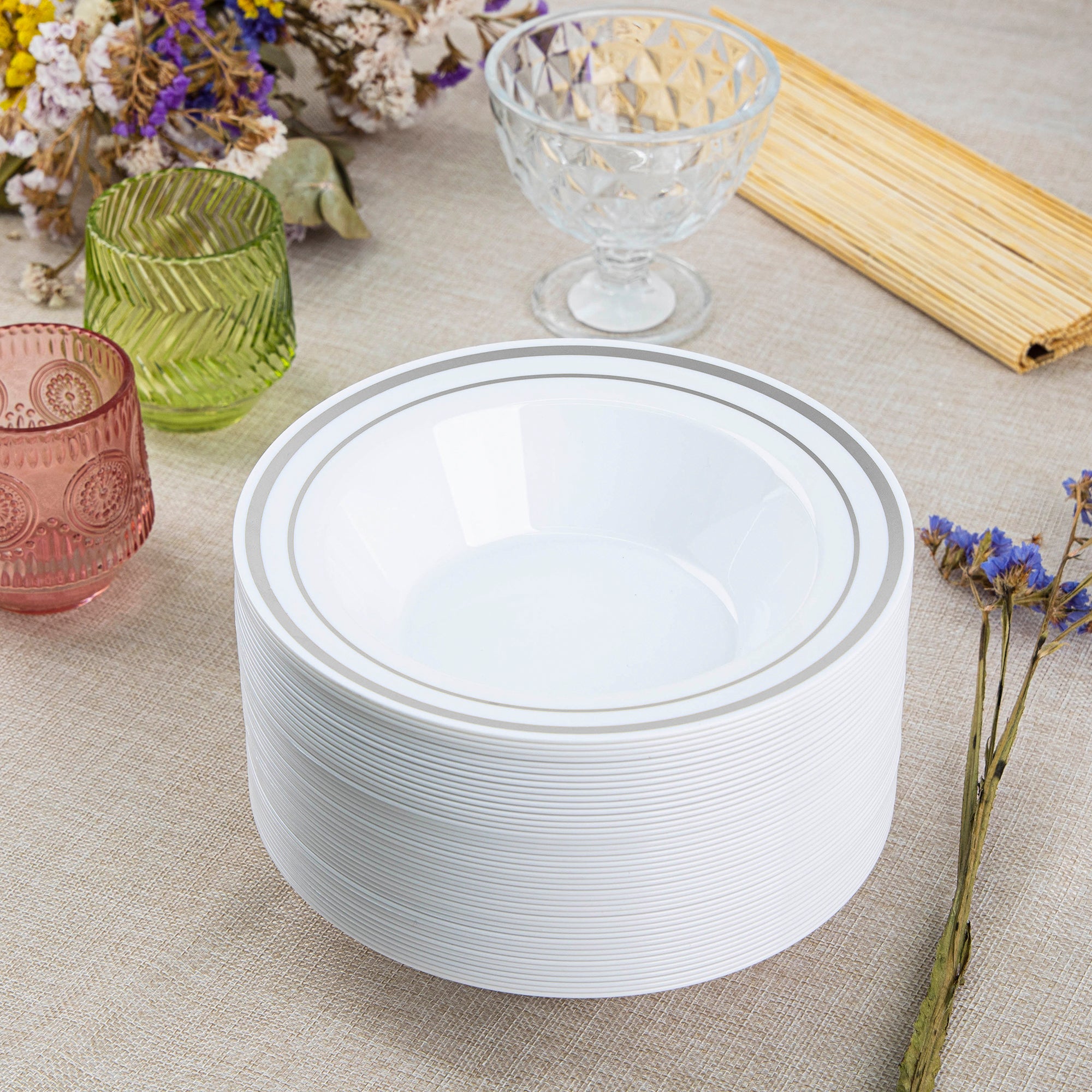 12 oz. Silver Trim Plastic Dessert Bowls - Comfy Package