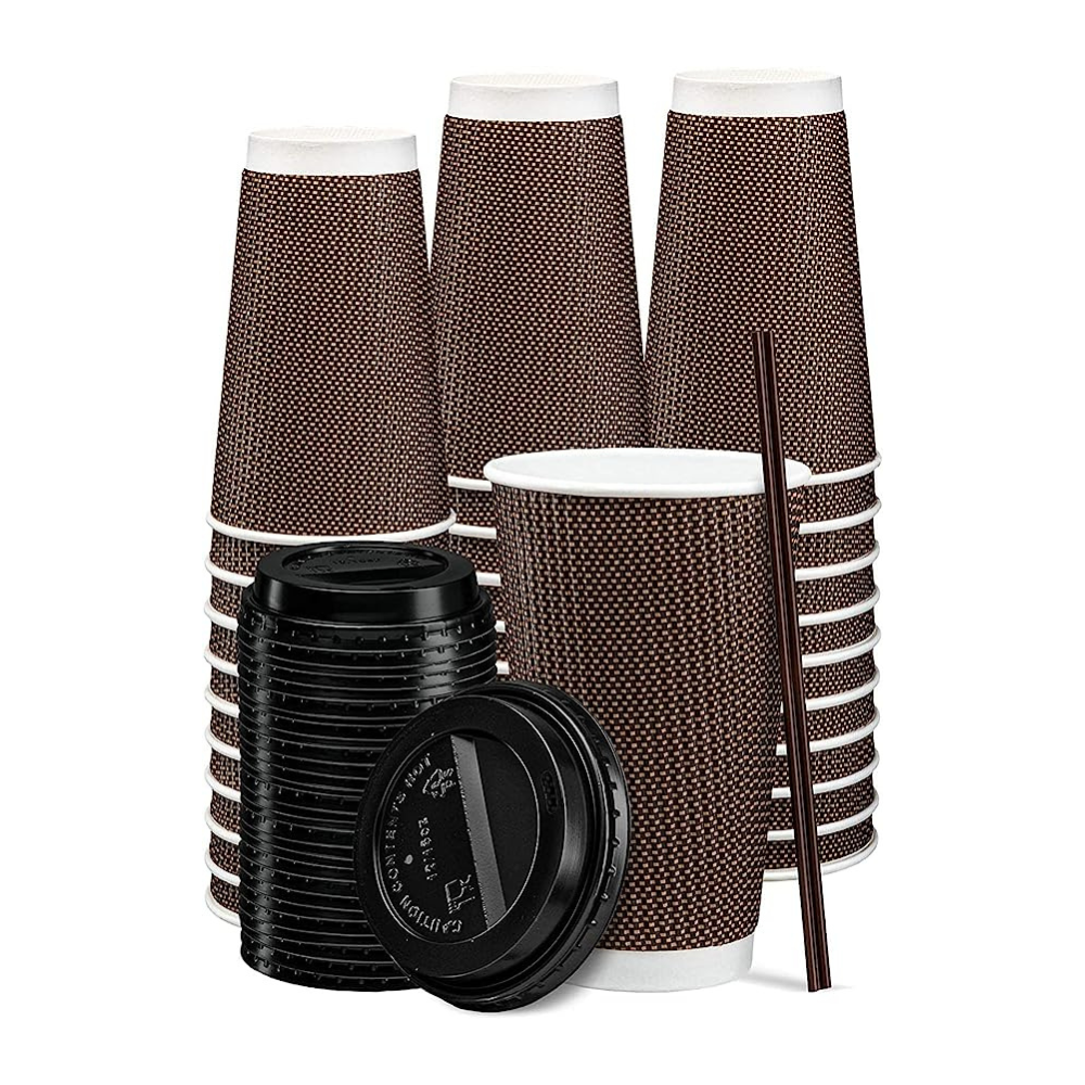 16 oz. Insulated Brown Patterned Ripple Paper Hot Coffee Cups with Lids - Comfy Package