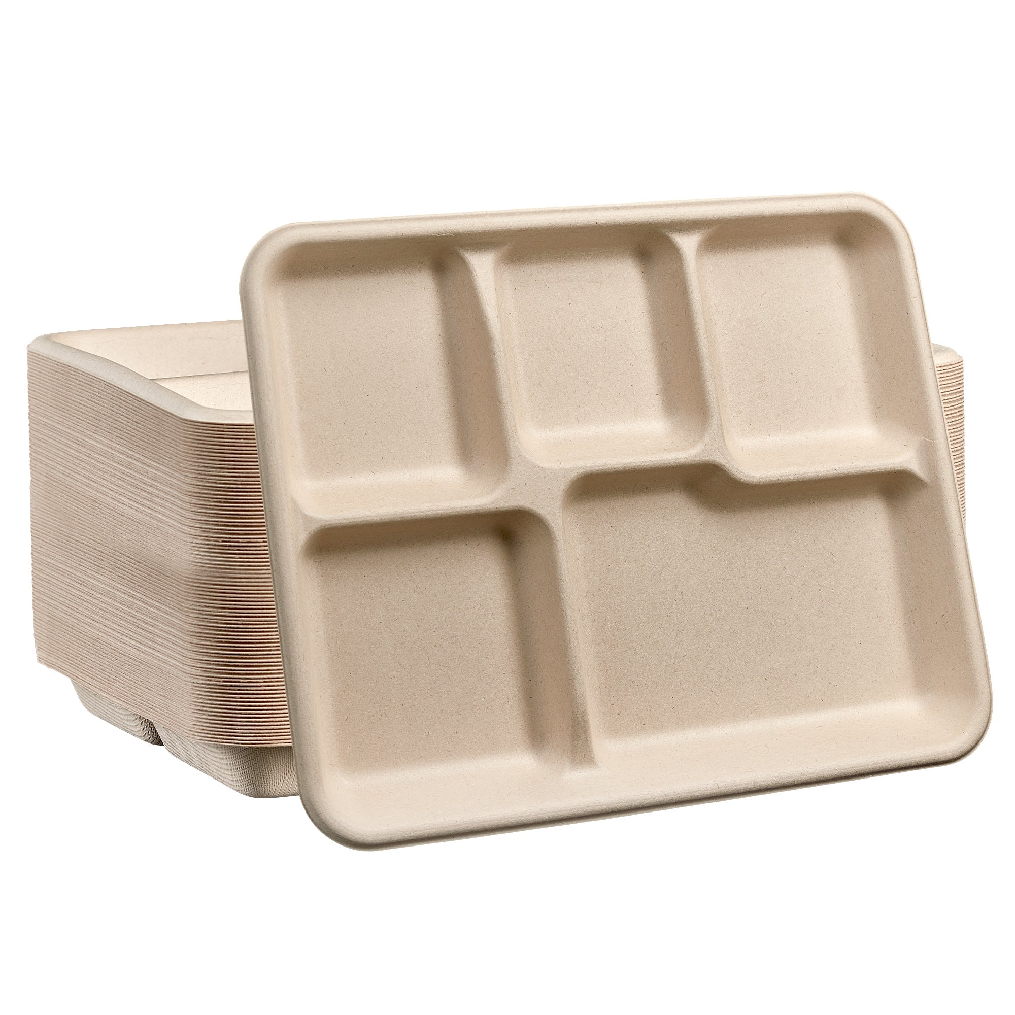 100% Compostable 5 Compartment Plates Eco-Friendly Disposable Sugarcane 10 inch Paper Trays - Brown Unbleached - Comfy Package