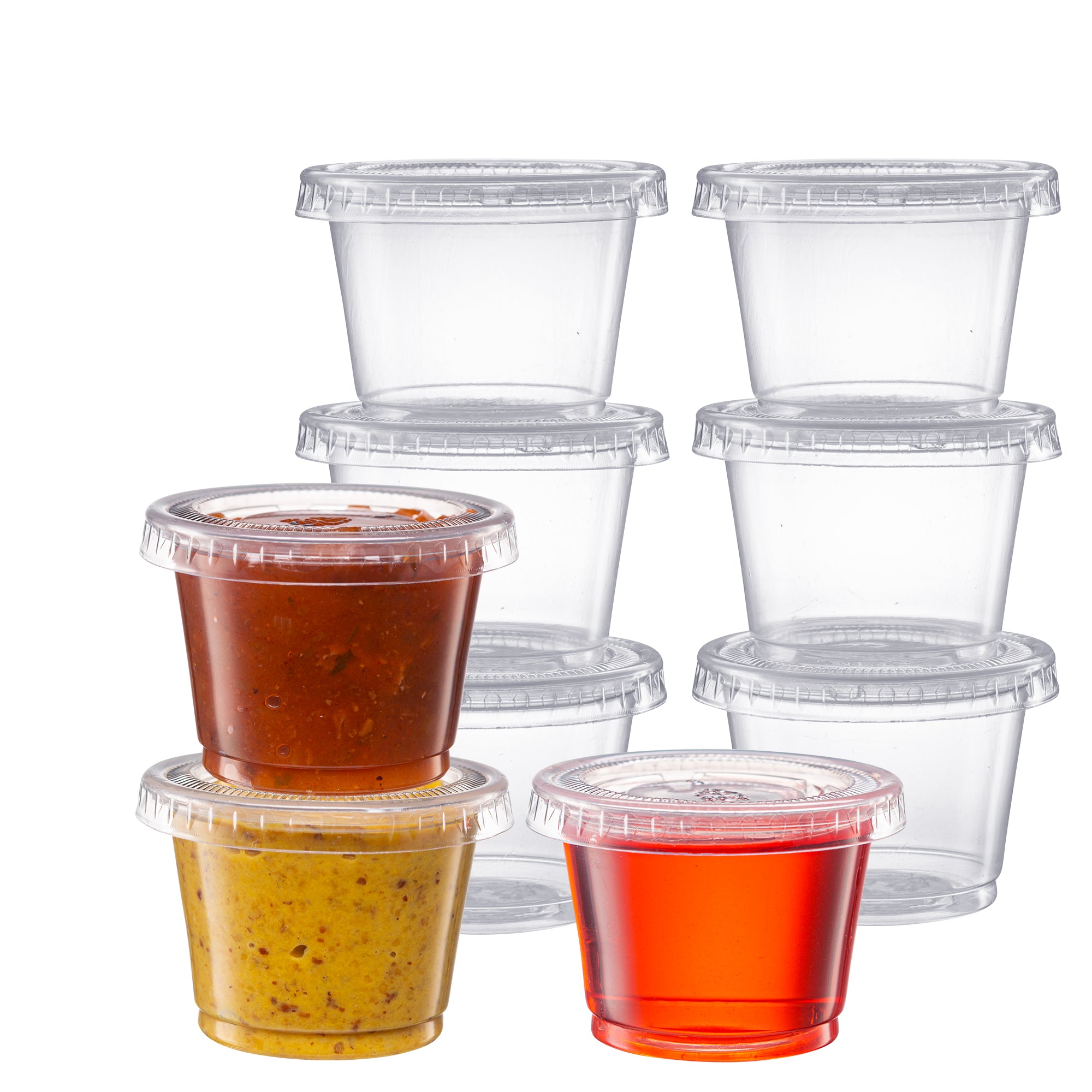 1 oz. Cups with Lids, Small Plastic Condiment Containers for Sauce, Salad Dressings, Ramekins, & Portion Control