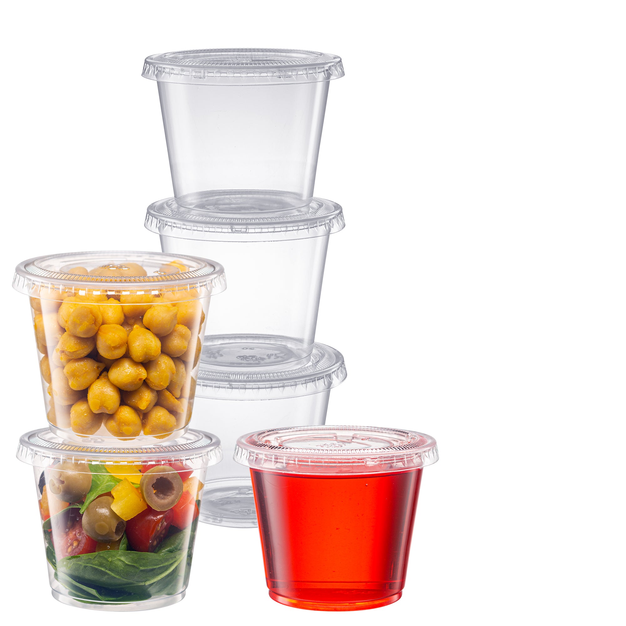 5.5 oz. Cups with Lids, Small Plastic Condiment Containers for Sauce, Salad Dressings, Ramekins, & Portion Control