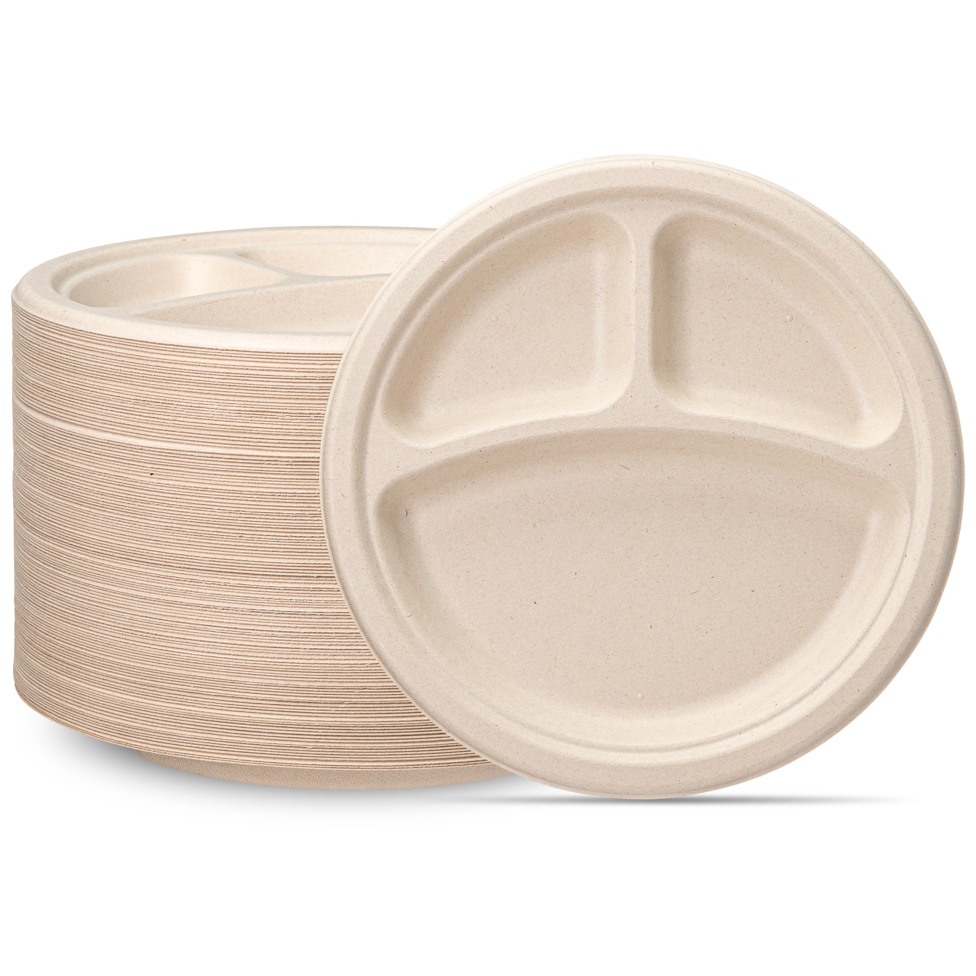 9 Inch Heavy-Duty Plates 3 Compartment 100% Compostable Eco-Friendly Disposable Sugarcane Paper Plates | Brown Unbleached