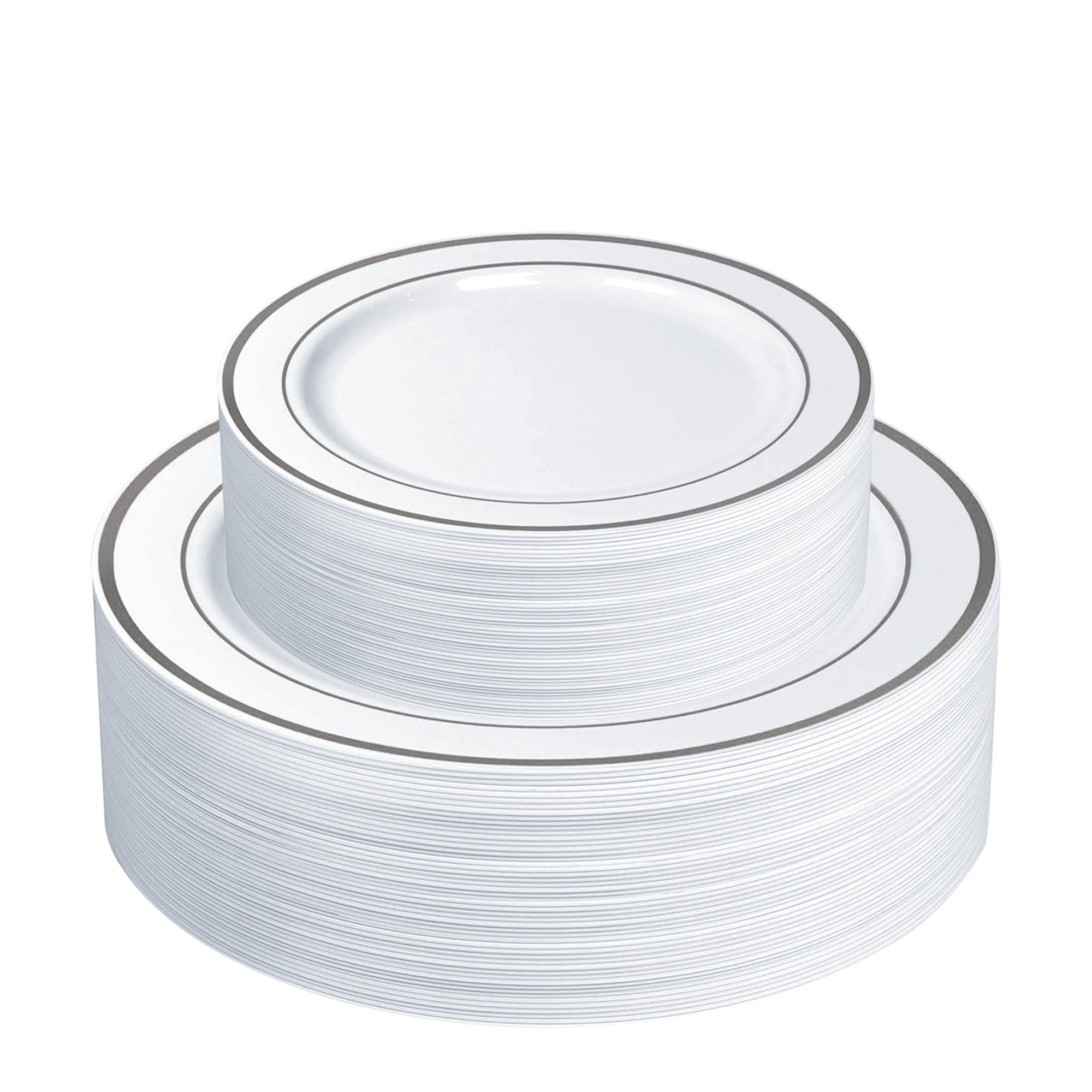 Combo Silver Trim Plastic Plates - Premium Heavy-Duty Disposable 10.25" Dinner Party Plates and Disposable 7.5" Salad Plates - Comfy Package