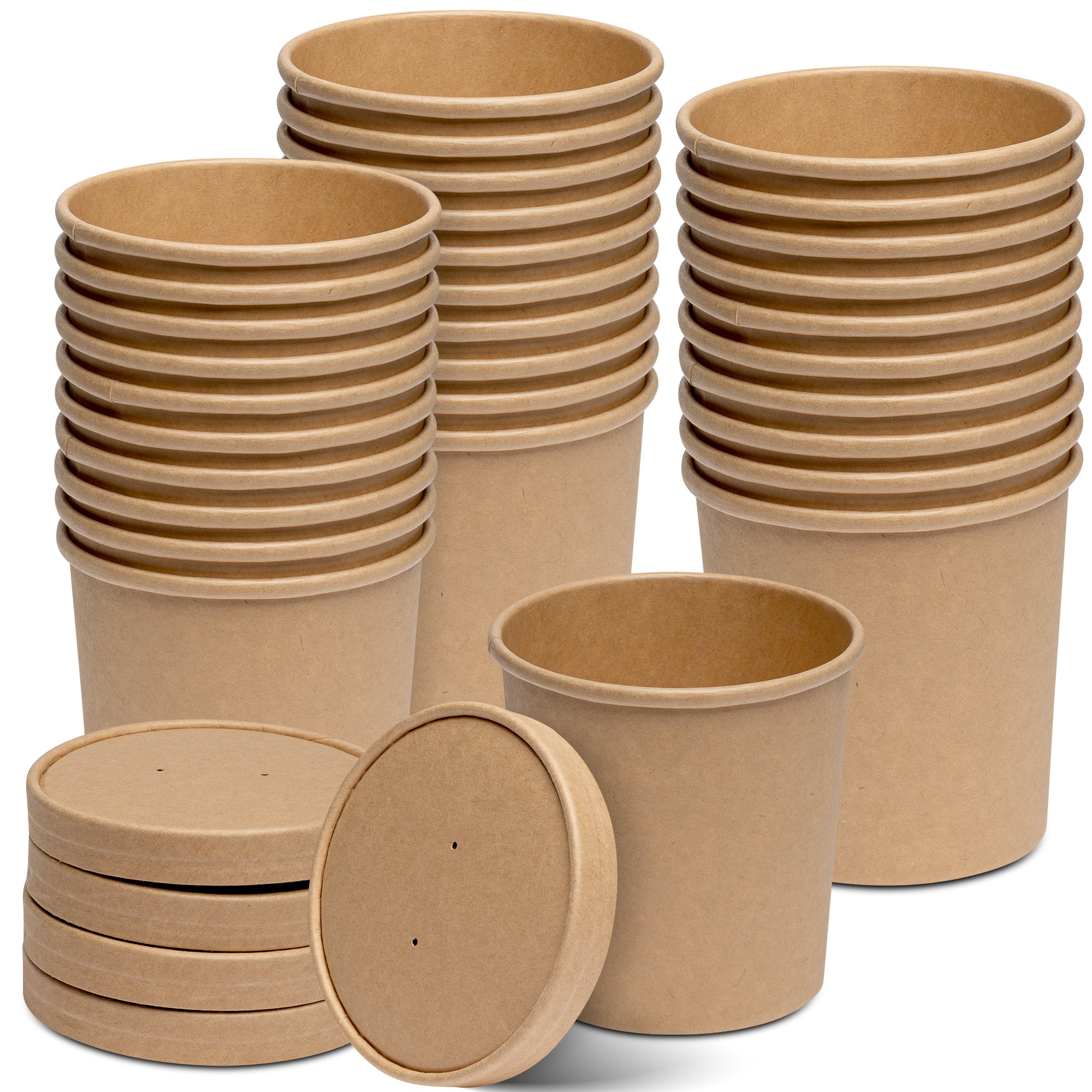 16 oz. Vented Paper Food Containers With Lids - To Go Hot Soup Bowls, Disposable Ice Cream Cups - Kraft