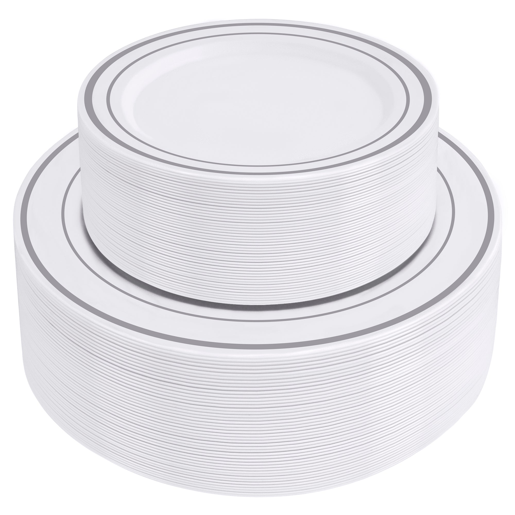 Combo Silver Trim Plastic Plates - Premium Heavy-Duty Disposable 10.25" Dinner Party Plates and Disposable 7.5" Salad Plates - Comfy Package