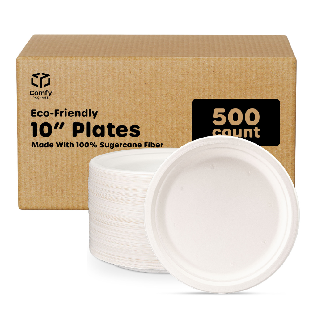 [Case of 500] 100% Compostable 10 Inch Heavy-Duty Plates Eco-Friendly Disposable Sugarcane Paper Plates