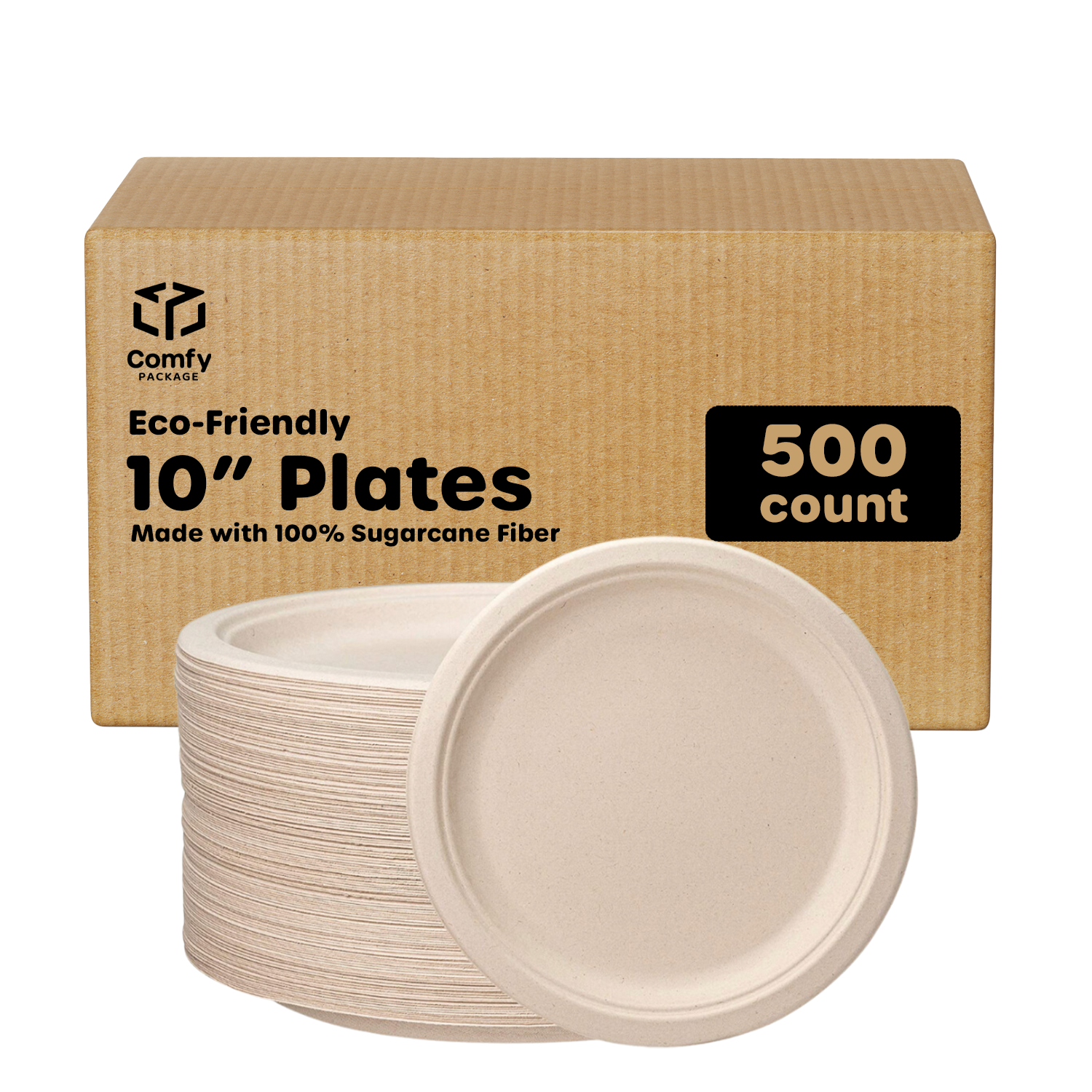 [Case of 500] 100% Compostable 10 Inch Heavy-Duty Plates Eco-Friendly Disposable Sugarcane Paper Plates - Brown Unbleached