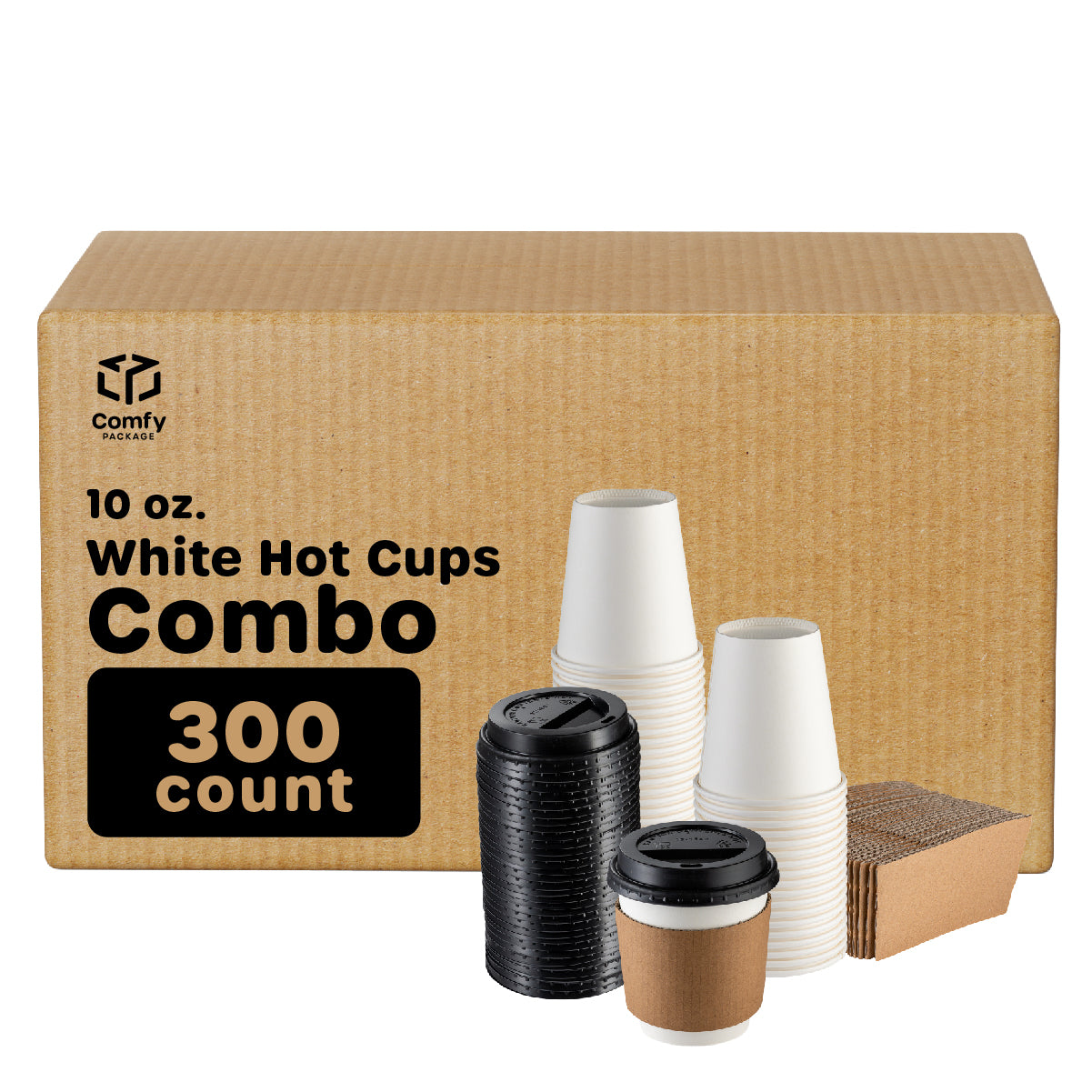 10 oz. Disposable Coffee Cups with Lids, Sleeves, Stirrers - To Go Paper Hot Cups